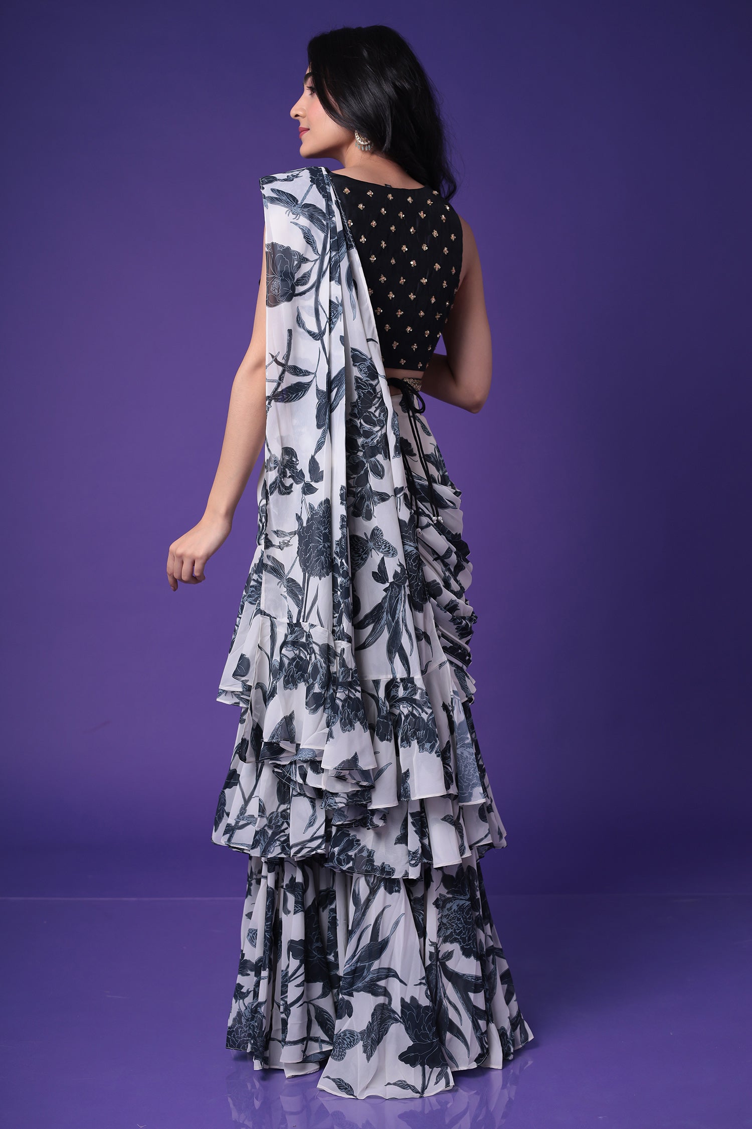 Printed Georgette Drape Saree with Sequins and Embroidered work