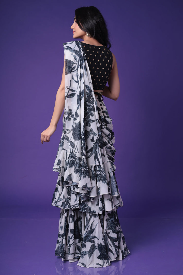 Printed Georgette Drape Saree with Sequins and Embroidered work