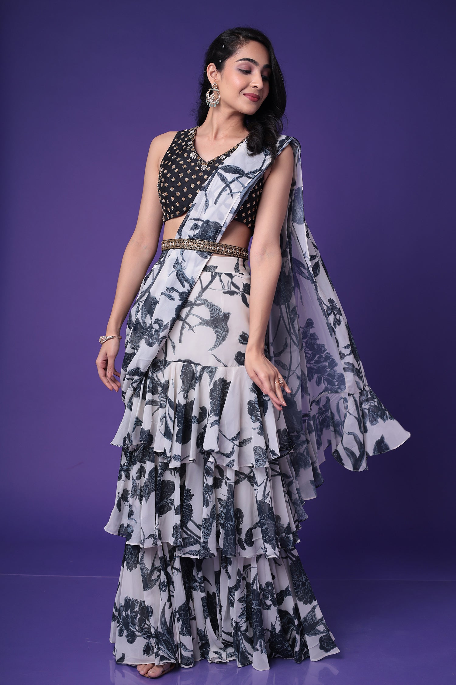 Printed Georgette Drape Saree with Sequins and Embroidered work