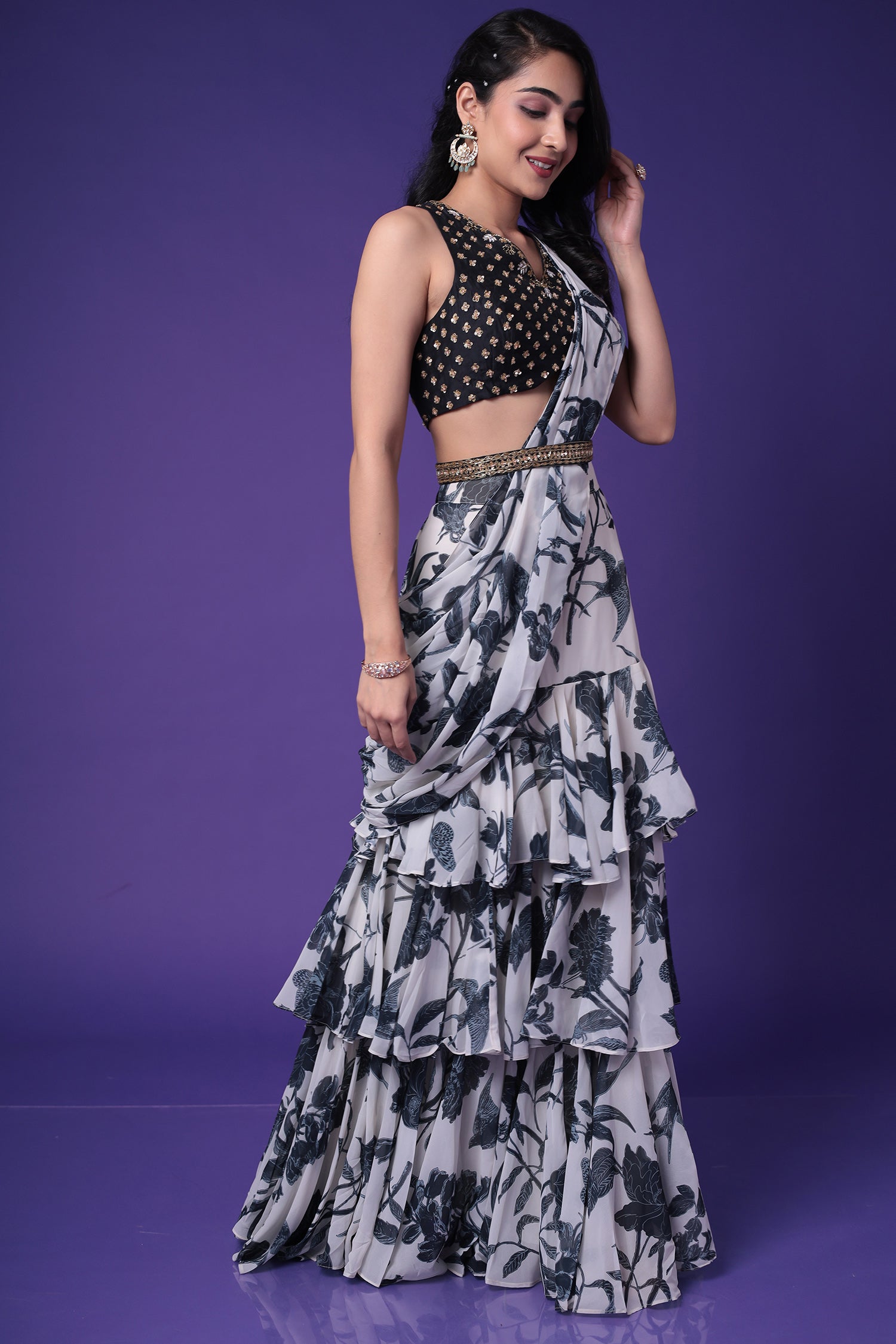 Printed Georgette Drape Saree with Sequins and Embroidered work