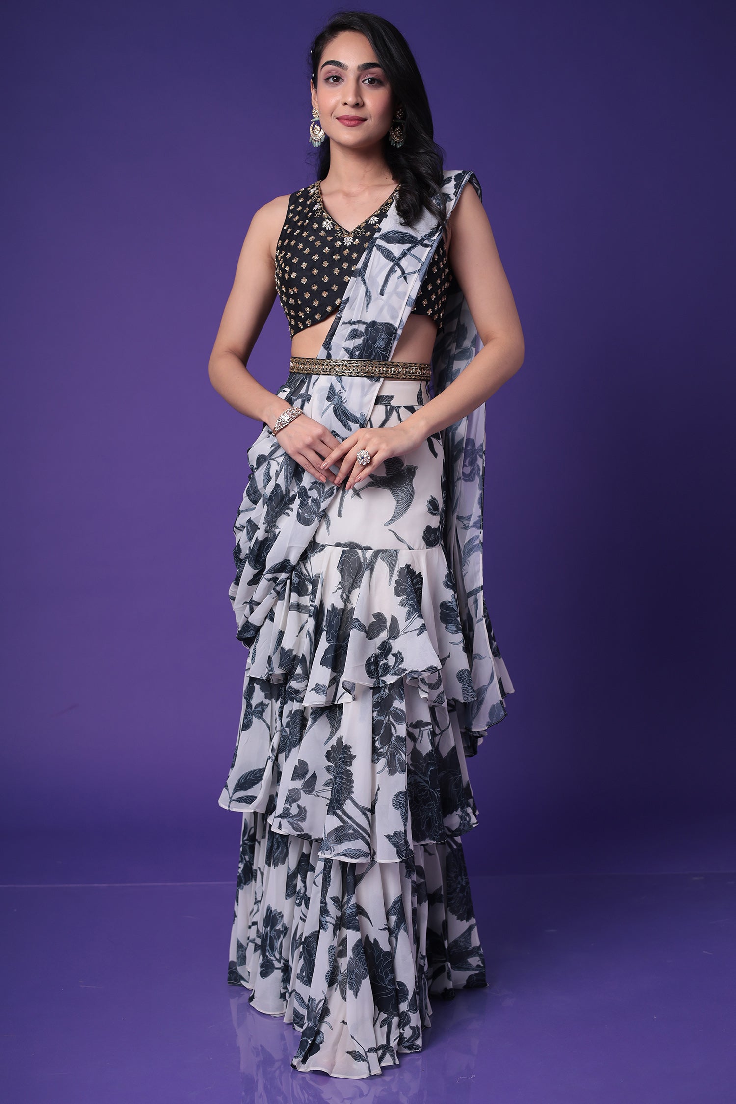 Printed Georgette Drape Saree with Sequins and Embroidered work
