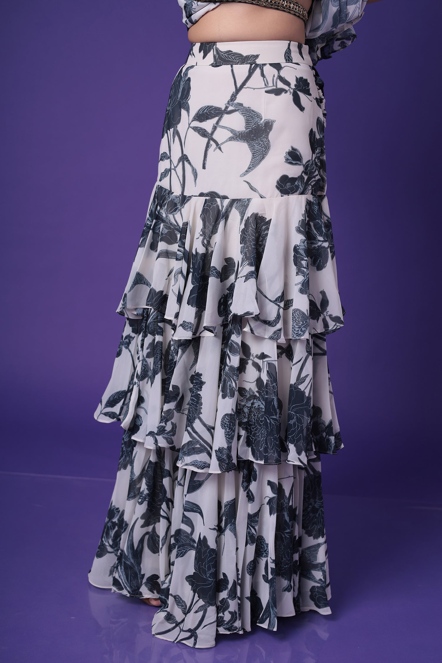 Printed Georgette Drape Saree with Sequins and Embroidered work