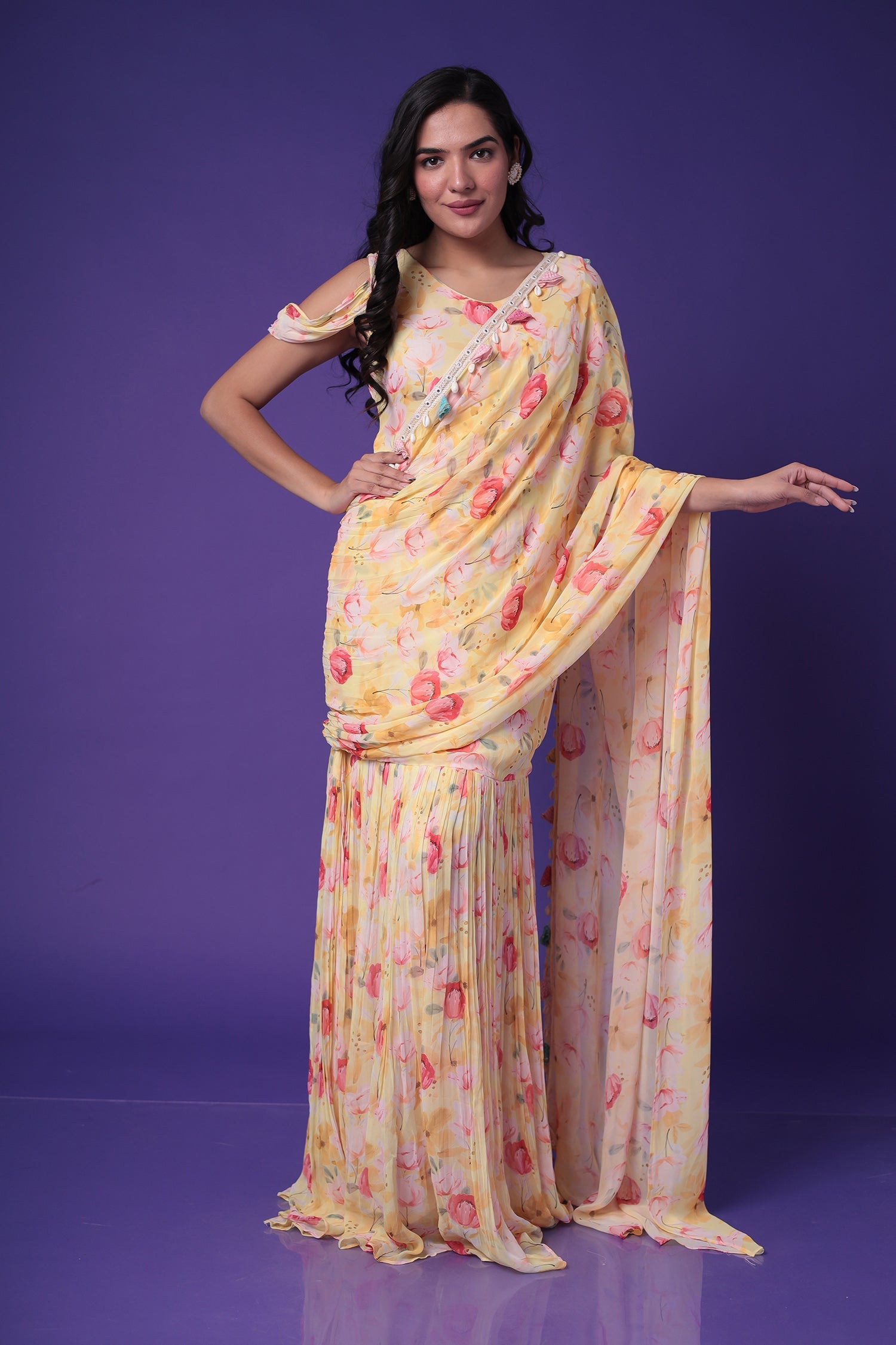 Floral Print Georgette Saree Stitched