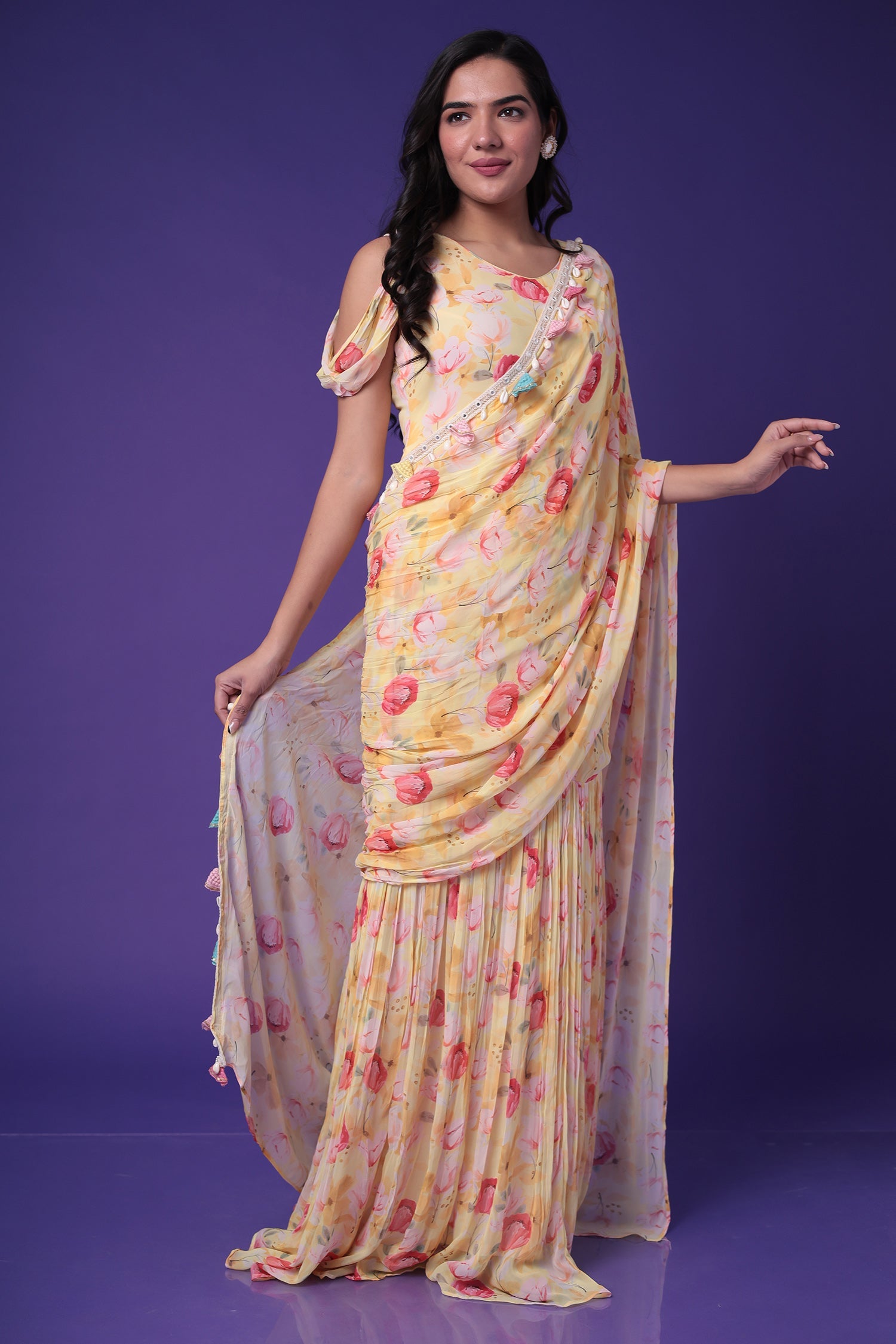 Floral Print Georgette Saree Stitched