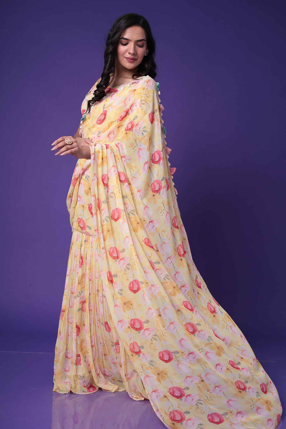 Floral Print Georgette Saree Stitched