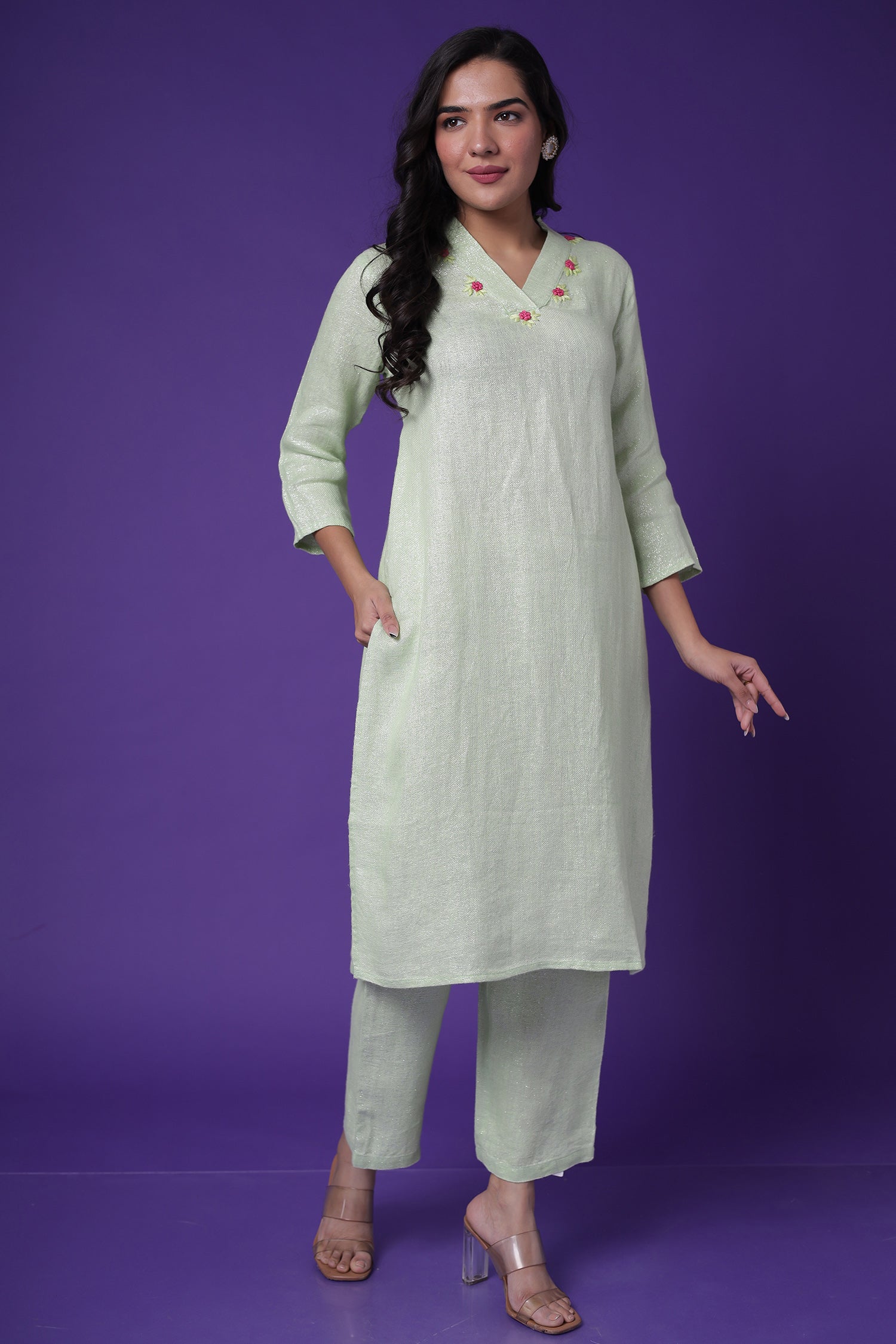 Shimmer Linen Kurta Set with Embroidered work