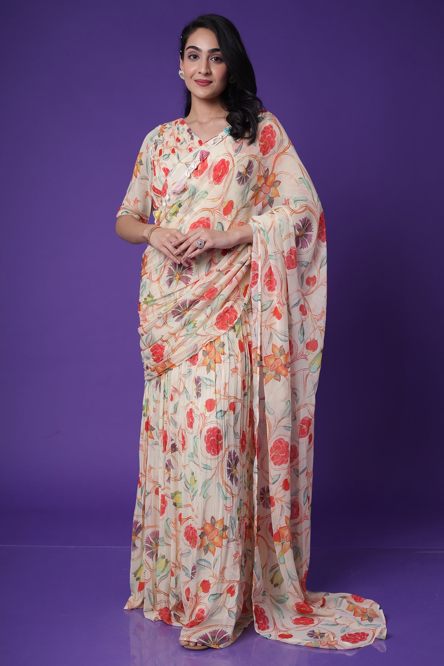 Floral Print Georgette StItched Saree