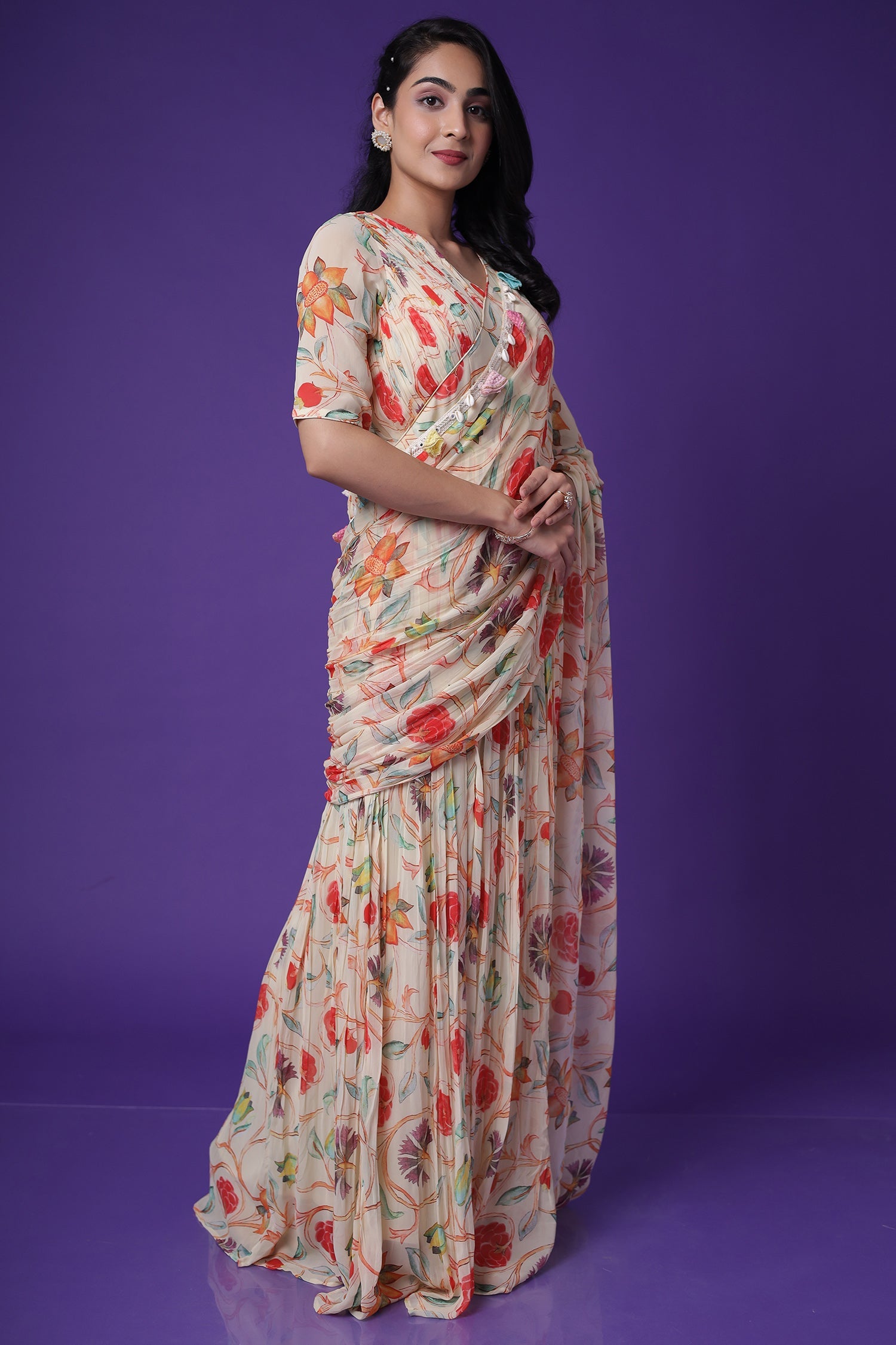 Floral Print Georgette StItched Saree