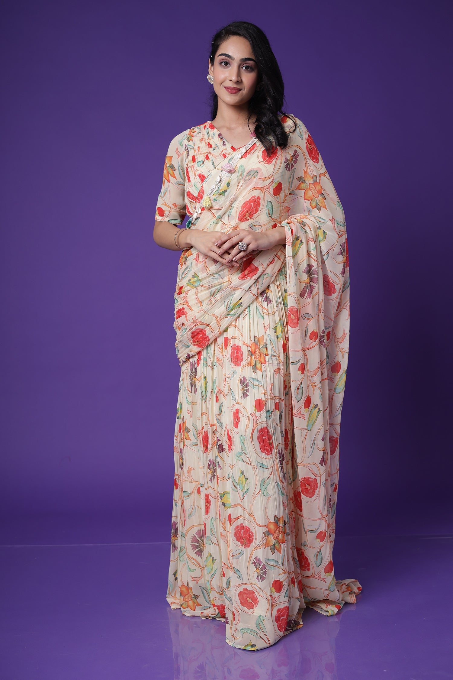 Floral Print Georgette StItched Saree