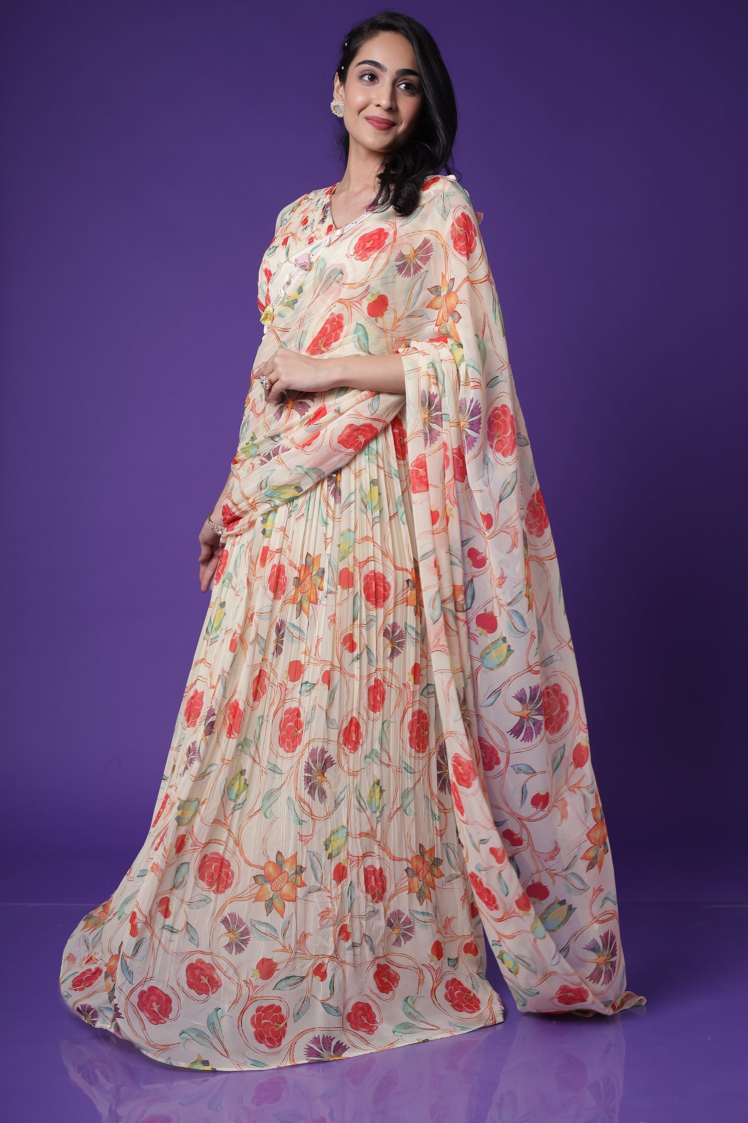 Floral Print Georgette StItched Saree