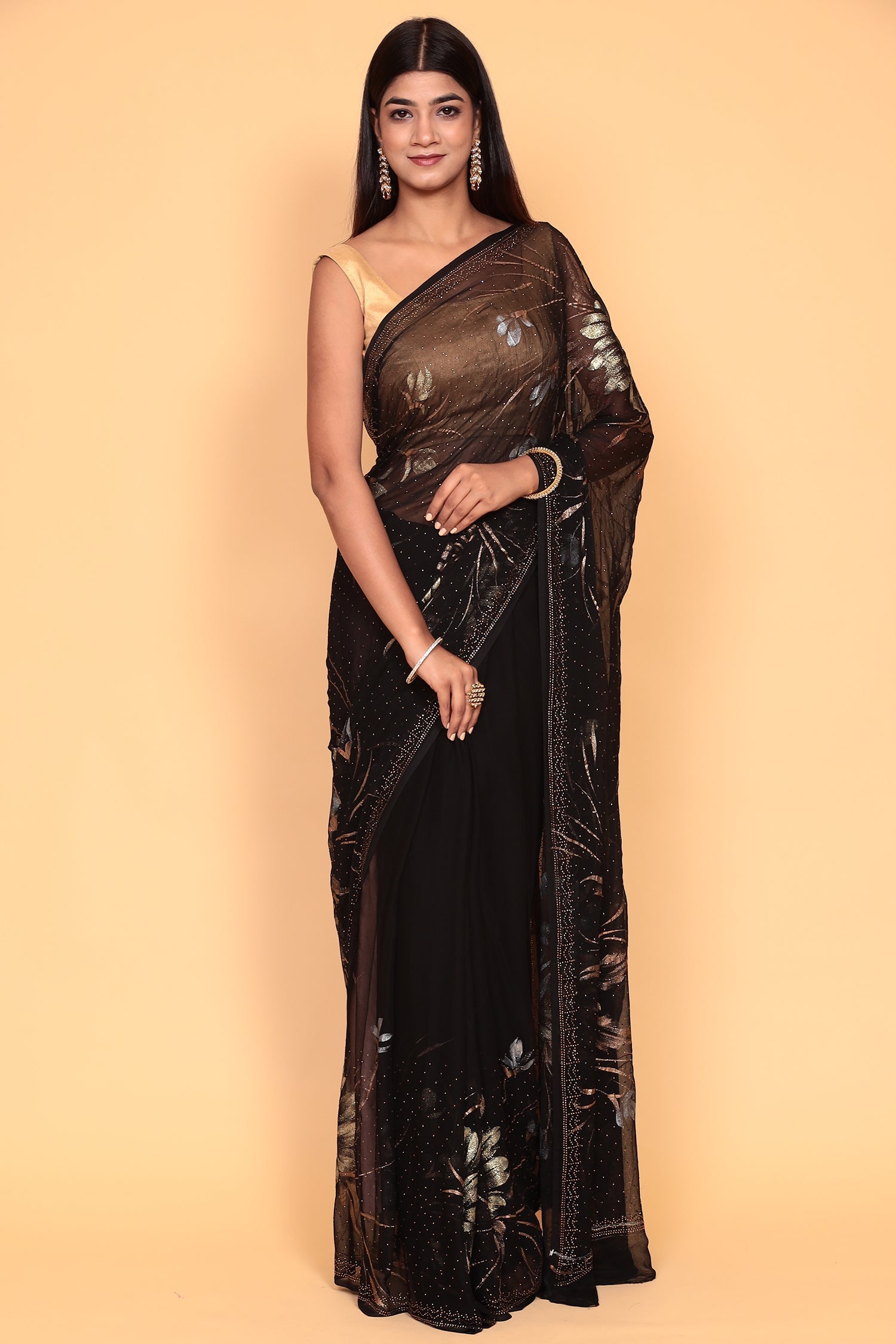 Foil print Chiffon Saree with Swarovski work.