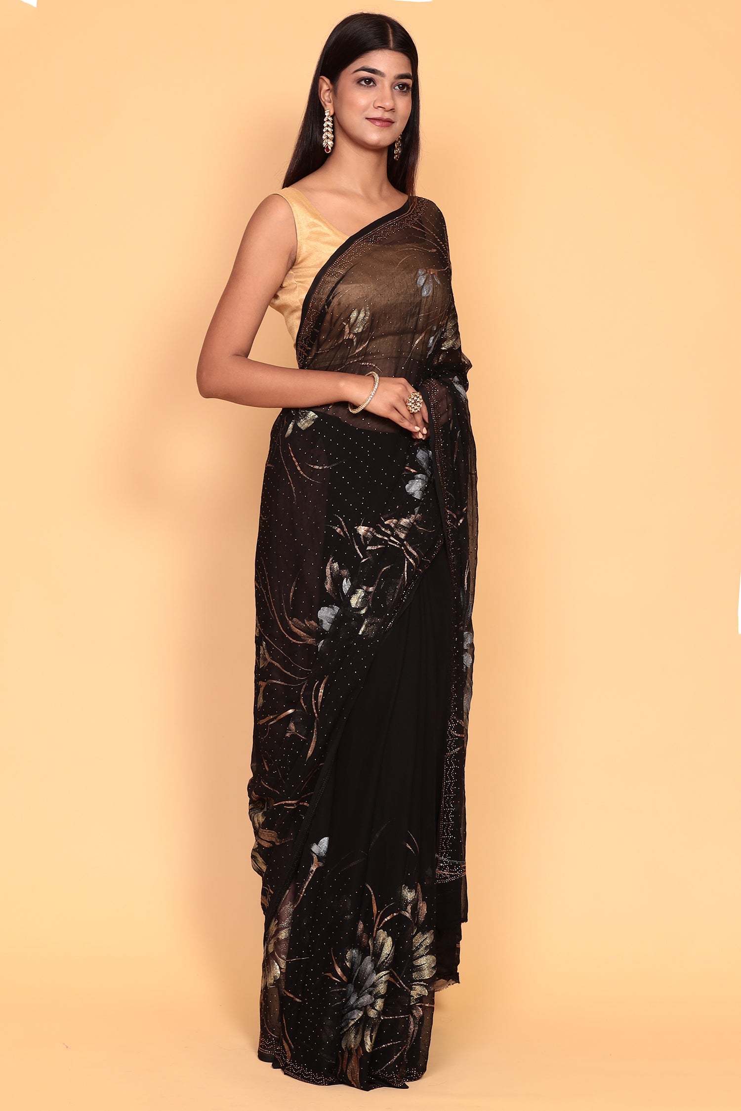 Foil print Chiffon Saree with Swarovski work.