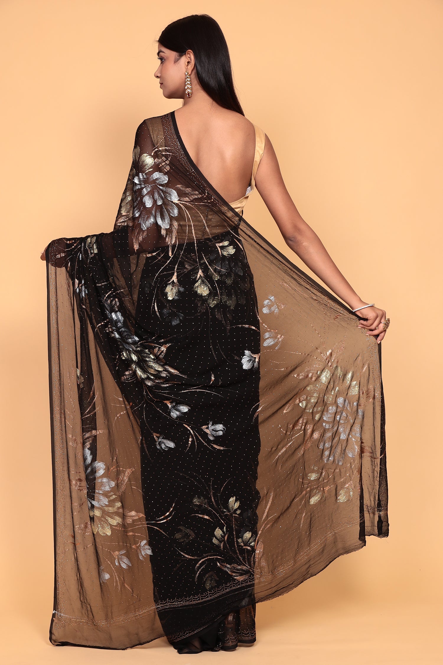 Foil print Chiffon Saree with Swarovski work.