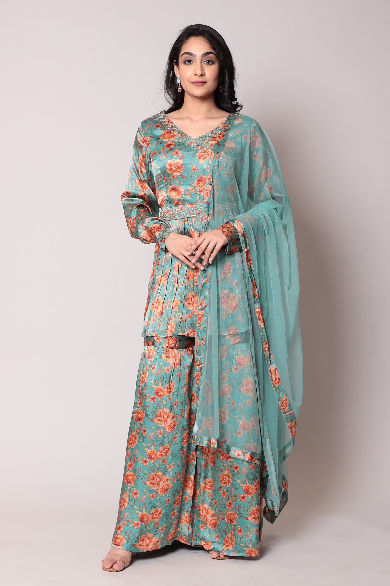 Printed Silk Kurta with Cutdana work.