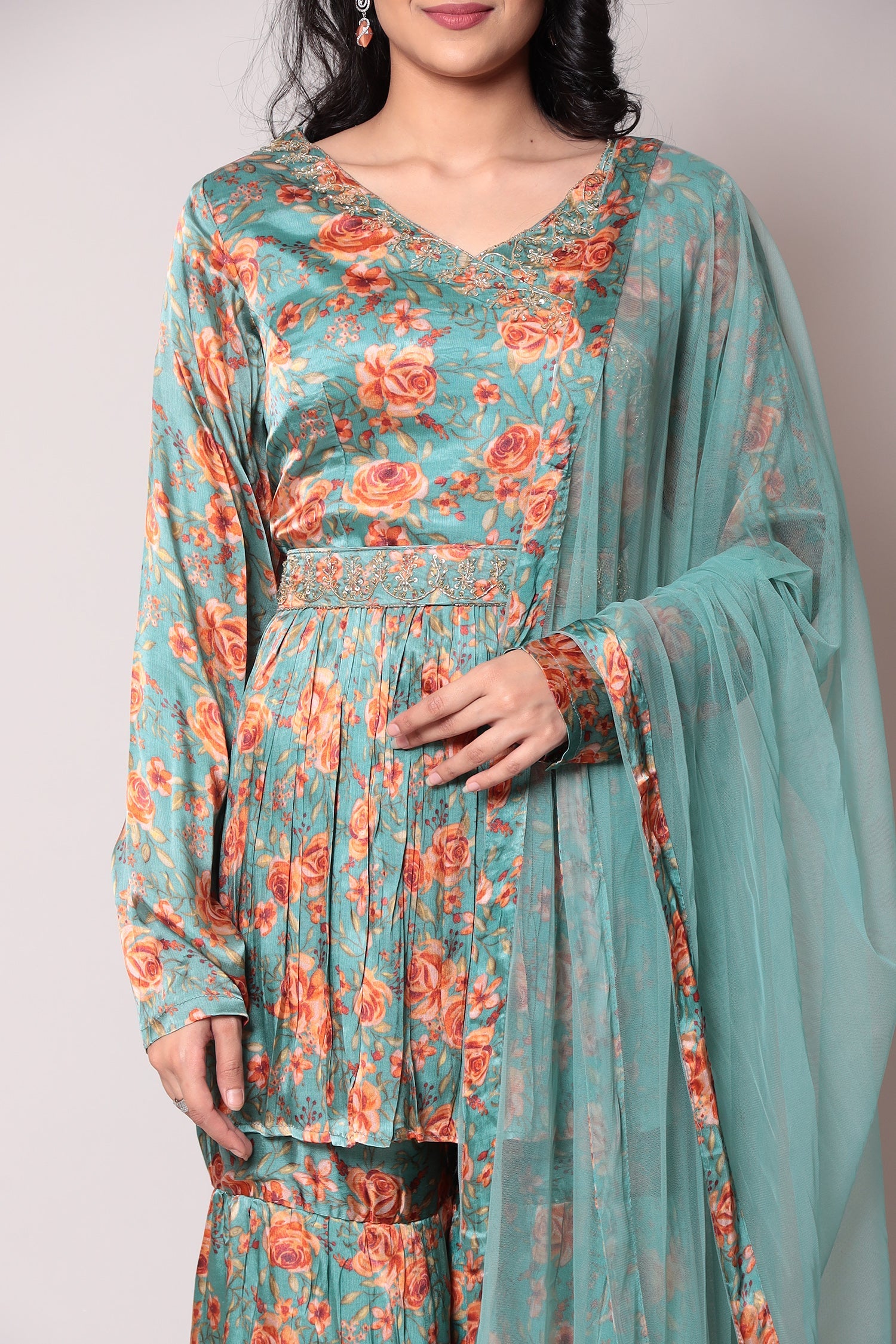 Printed Silk Kurta with Cutdana work.