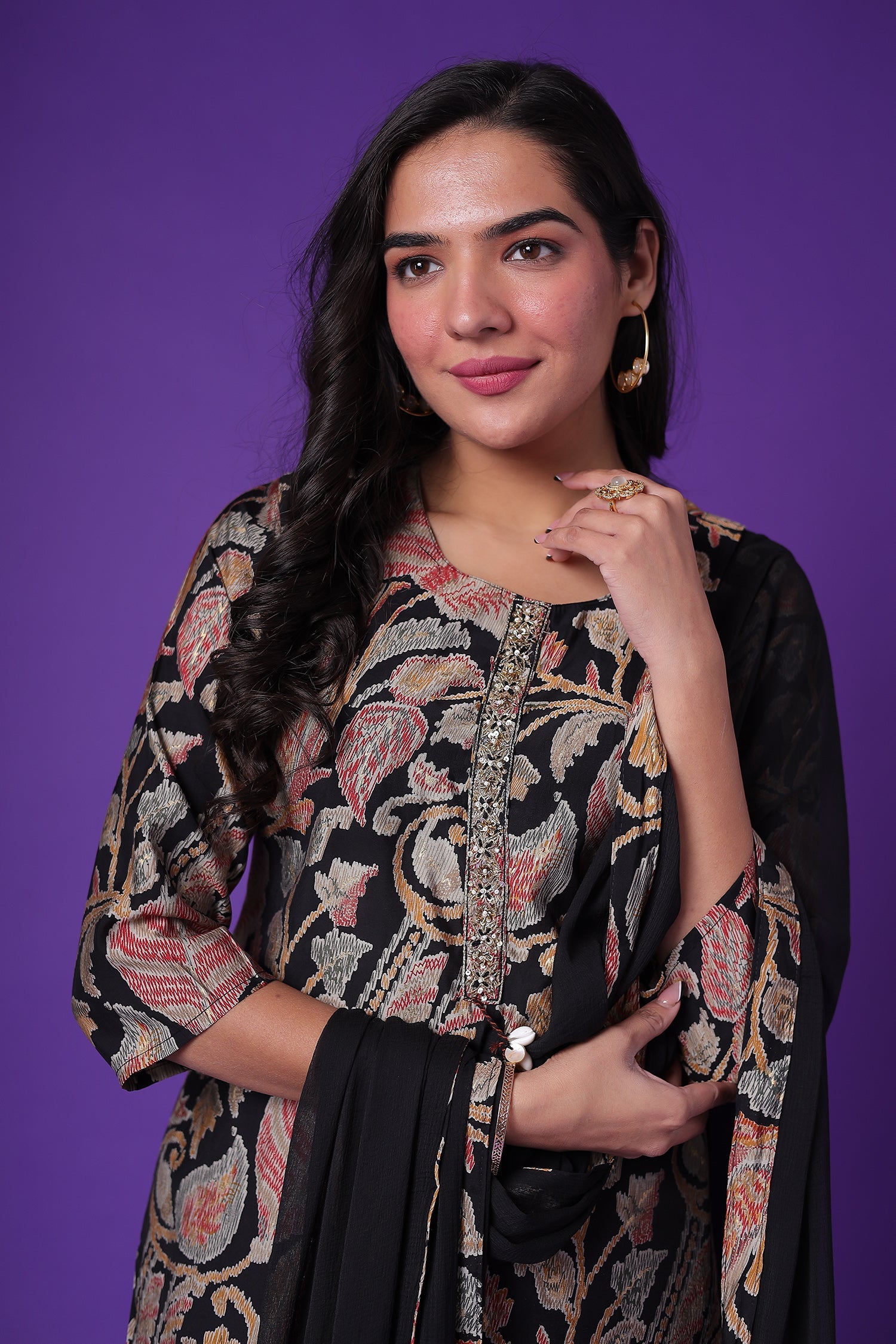Printed Muslin Kurta with Cutdana work.