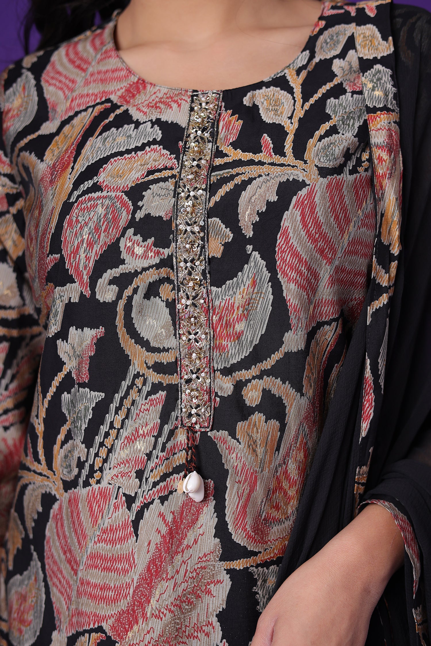 Printed Muslin Kurta with Cutdana work.