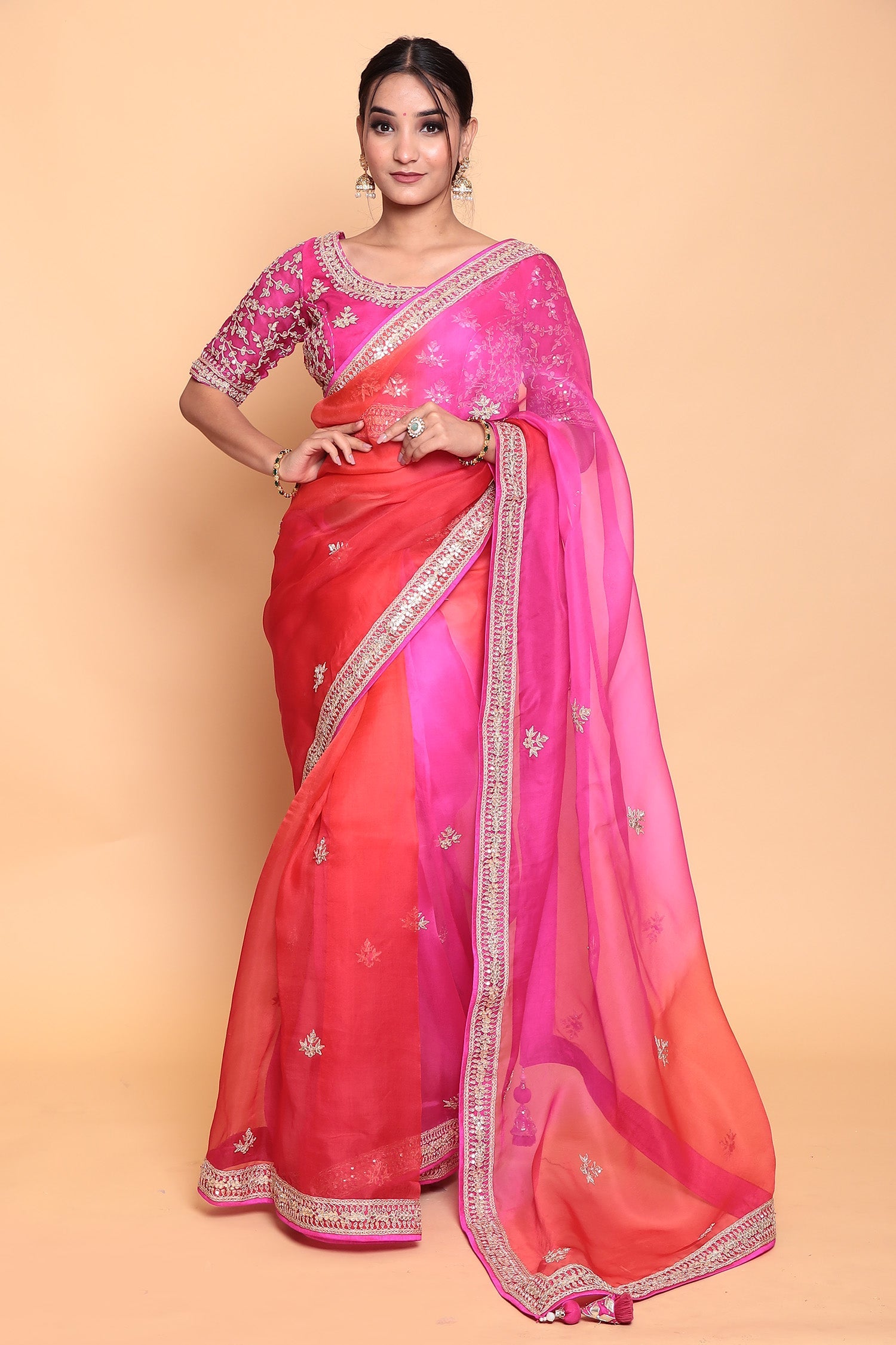 Organza Saree with Dori, Gota Patti work.