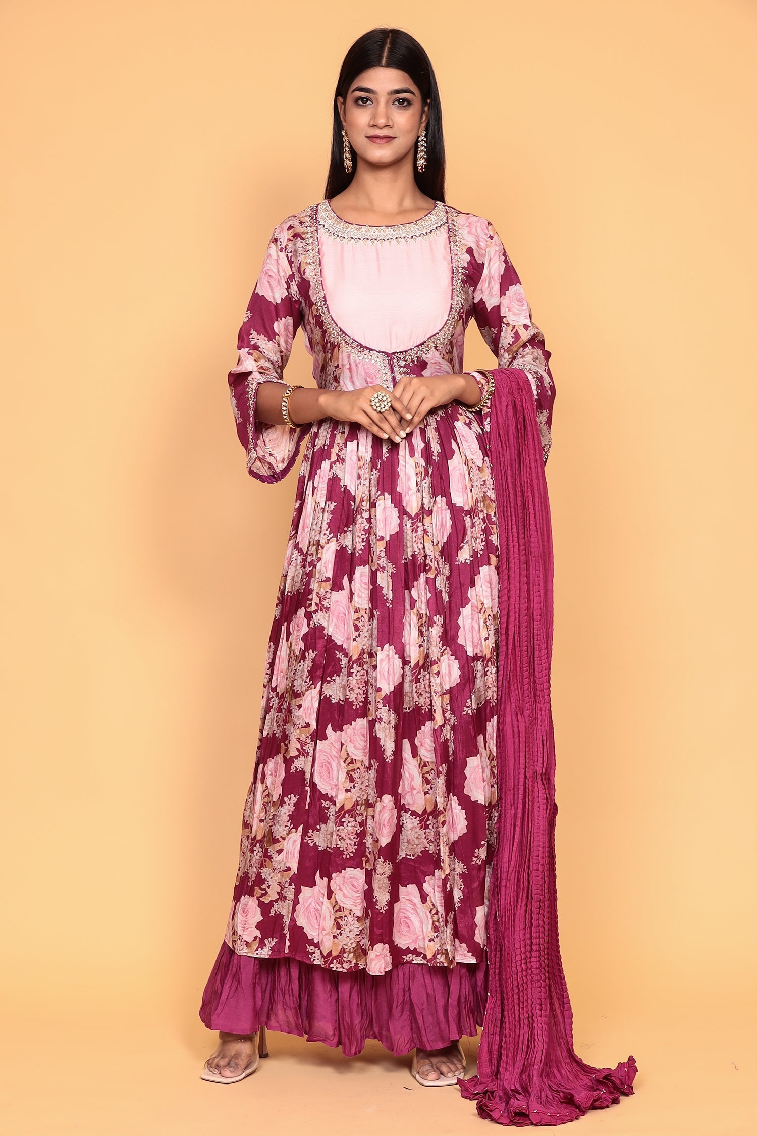 Printed Flared Anarkali Cotton Silk Suit with Zardozi work.