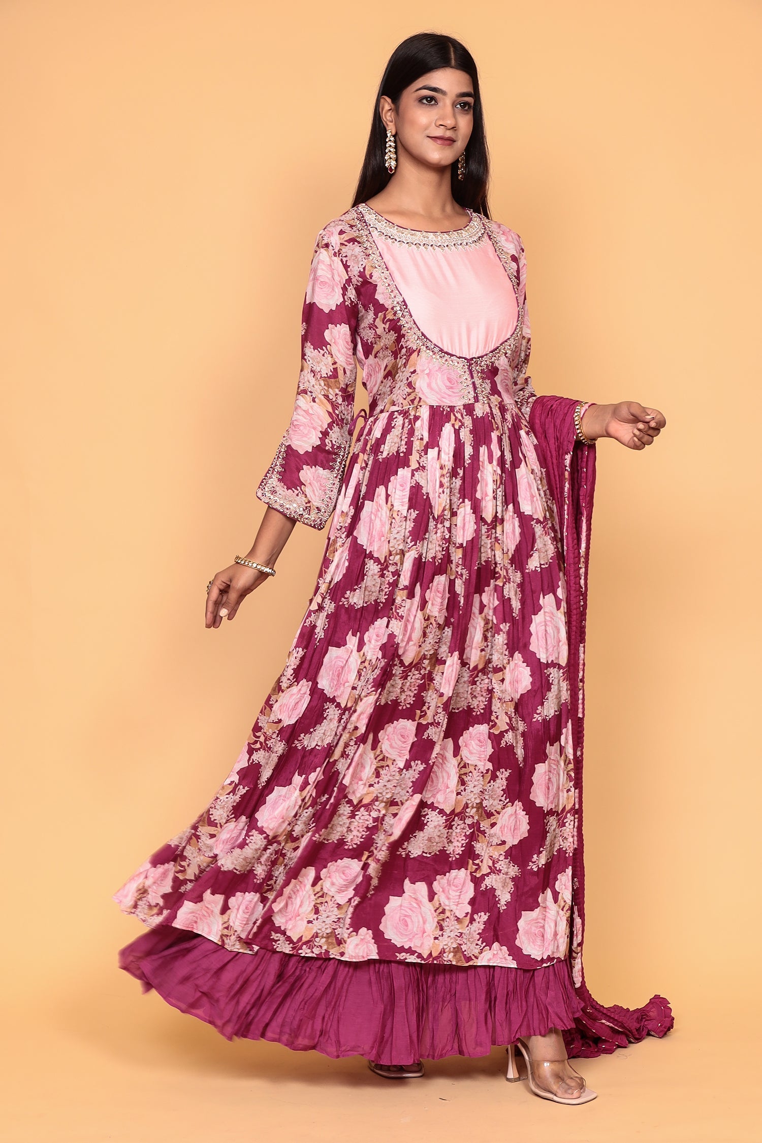 Printed Flared Anarkali Cotton Silk Suit with Zardozi work.