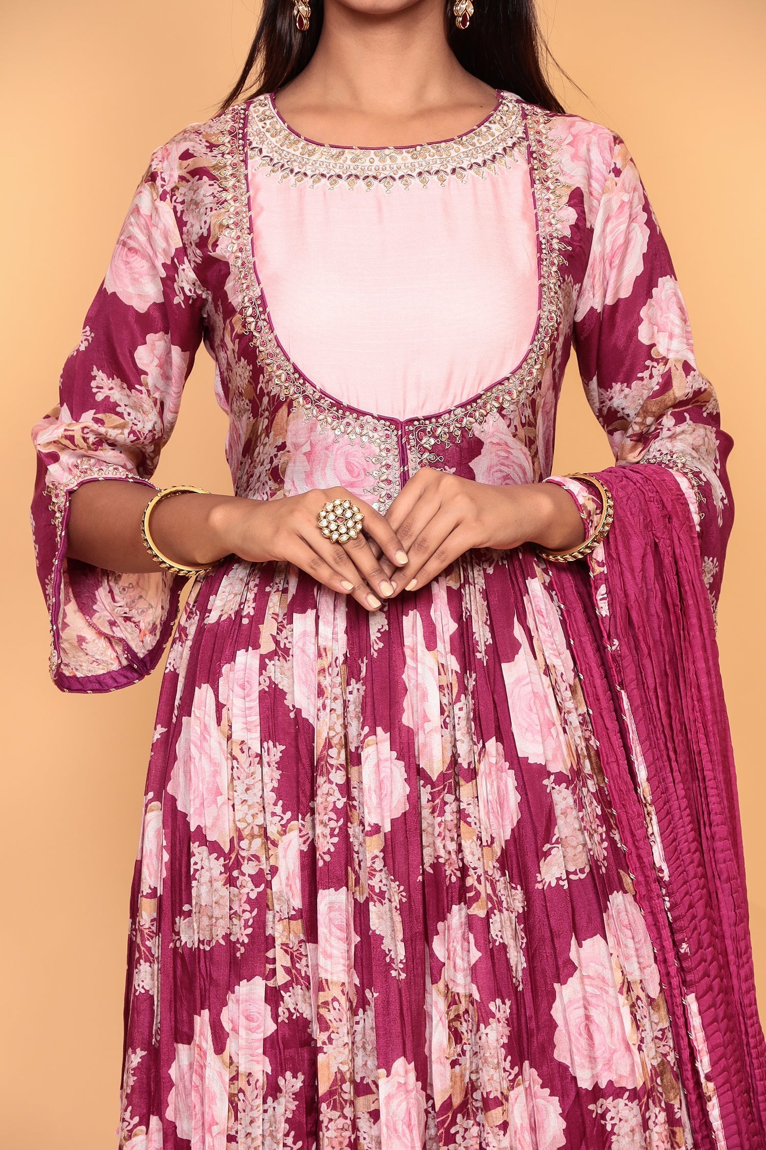 Printed Flared Anarkali Cotton Silk Suit with Zardozi work.