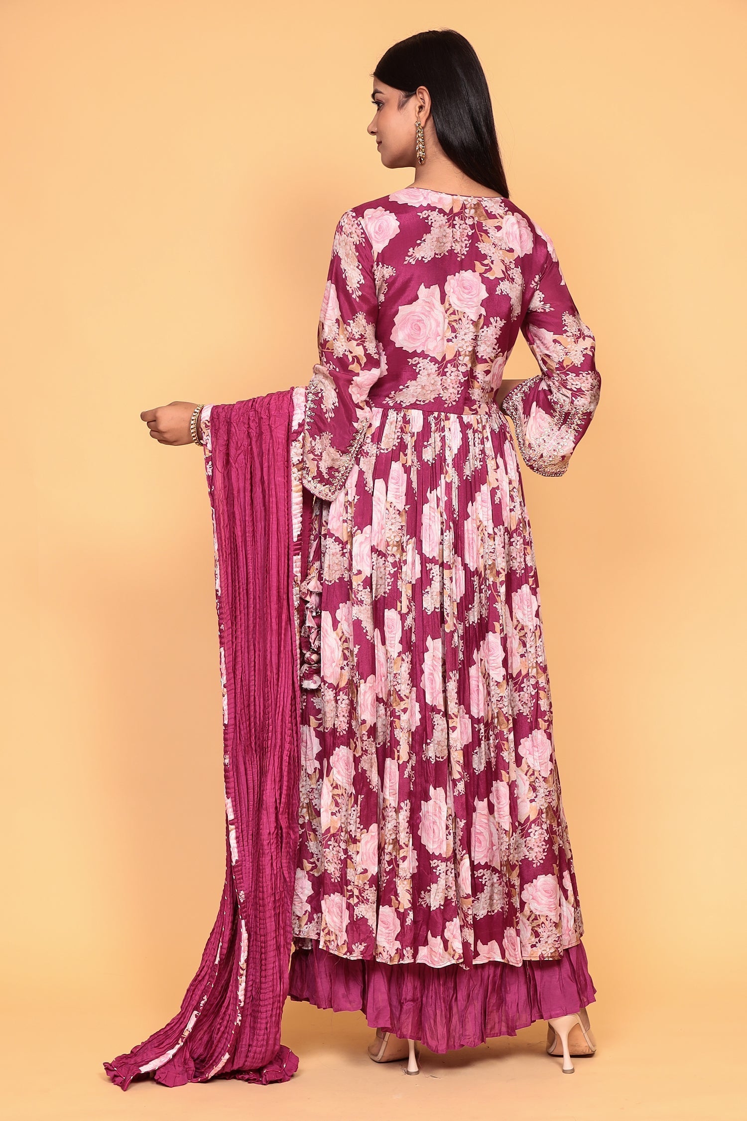 Printed Flared Anarkali Cotton Silk Suit with Zardozi work.