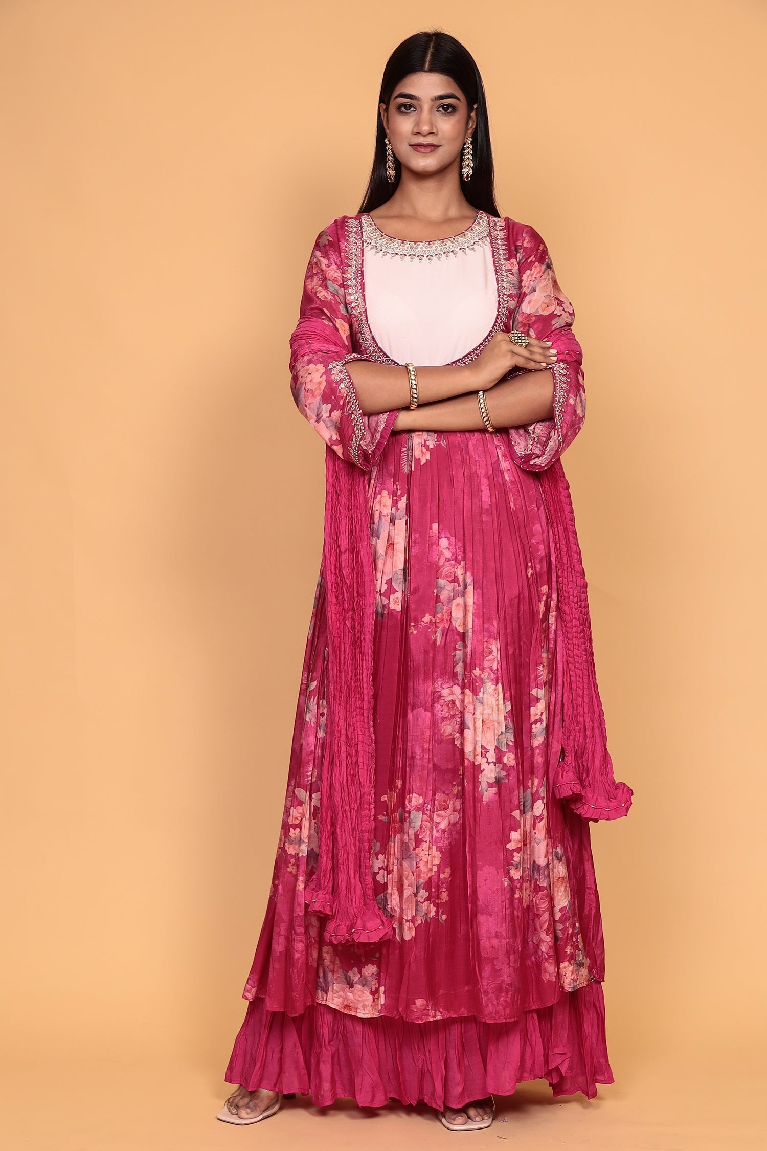 Printed Flared Anarkali Cotton silk Suit with Thread work.