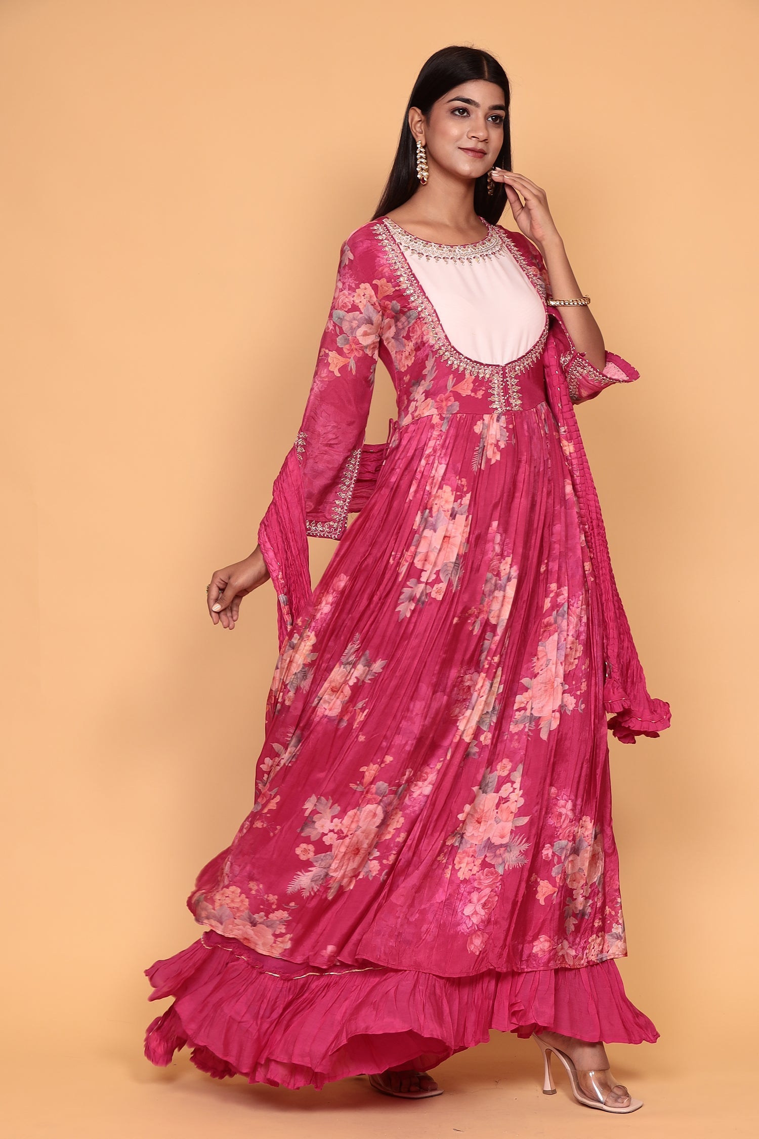 Printed Flared Anarkali Cotton silk Suit with Thread work.