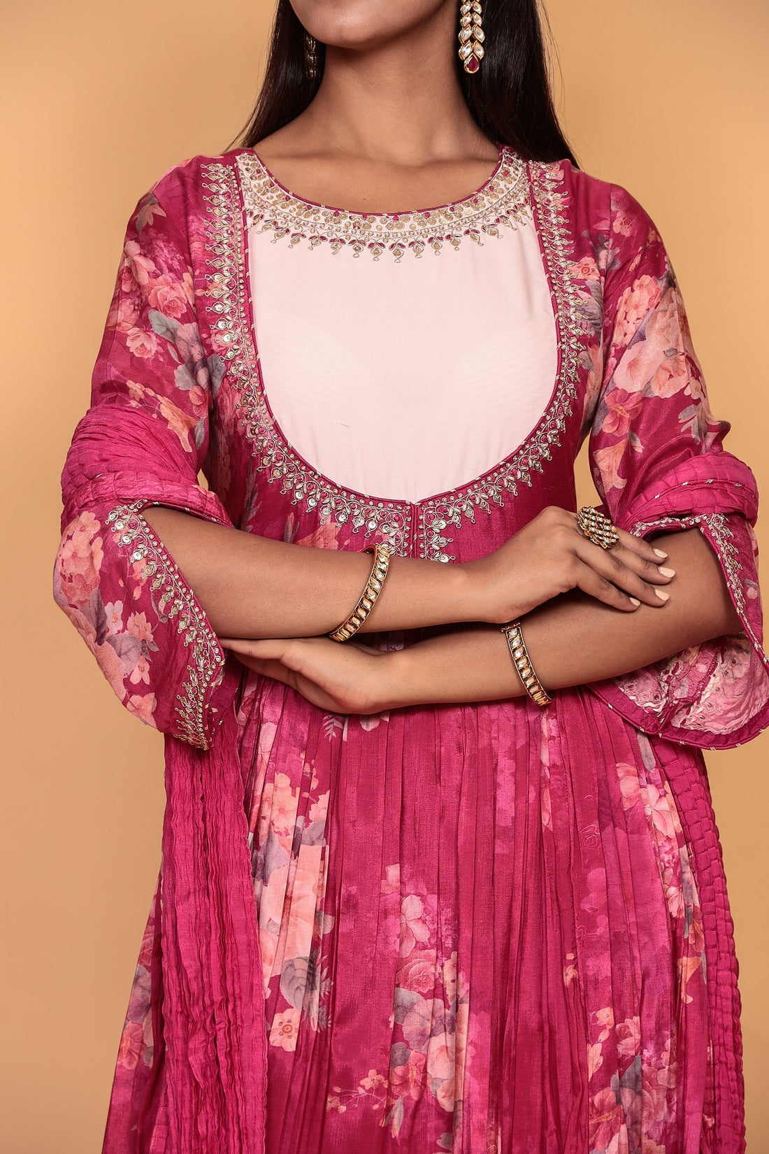 Printed Flared Anarkali Cotton silk Suit with Thread work.