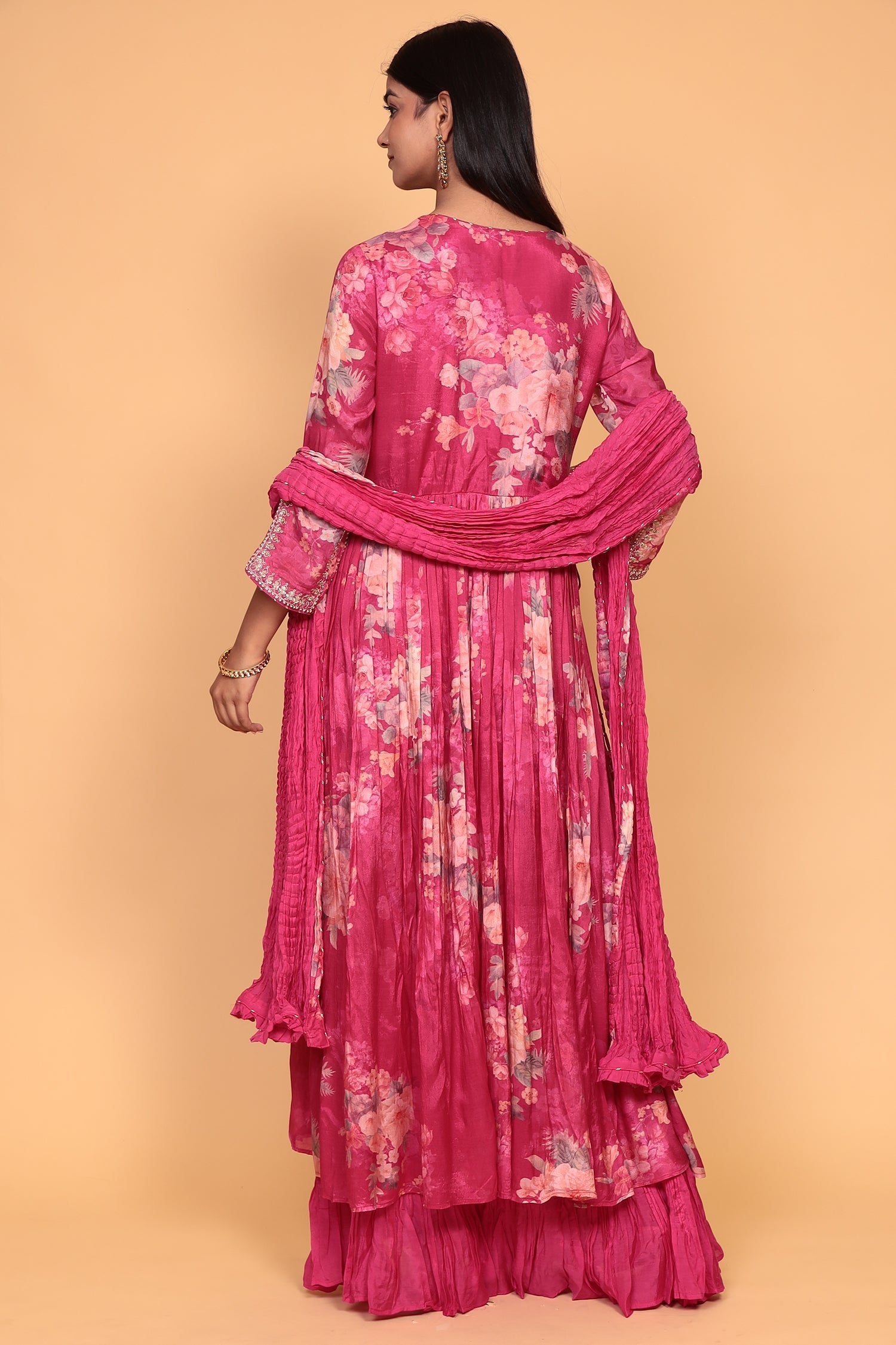 Printed Flared Anarkali Cotton silk Suit with Thread work.