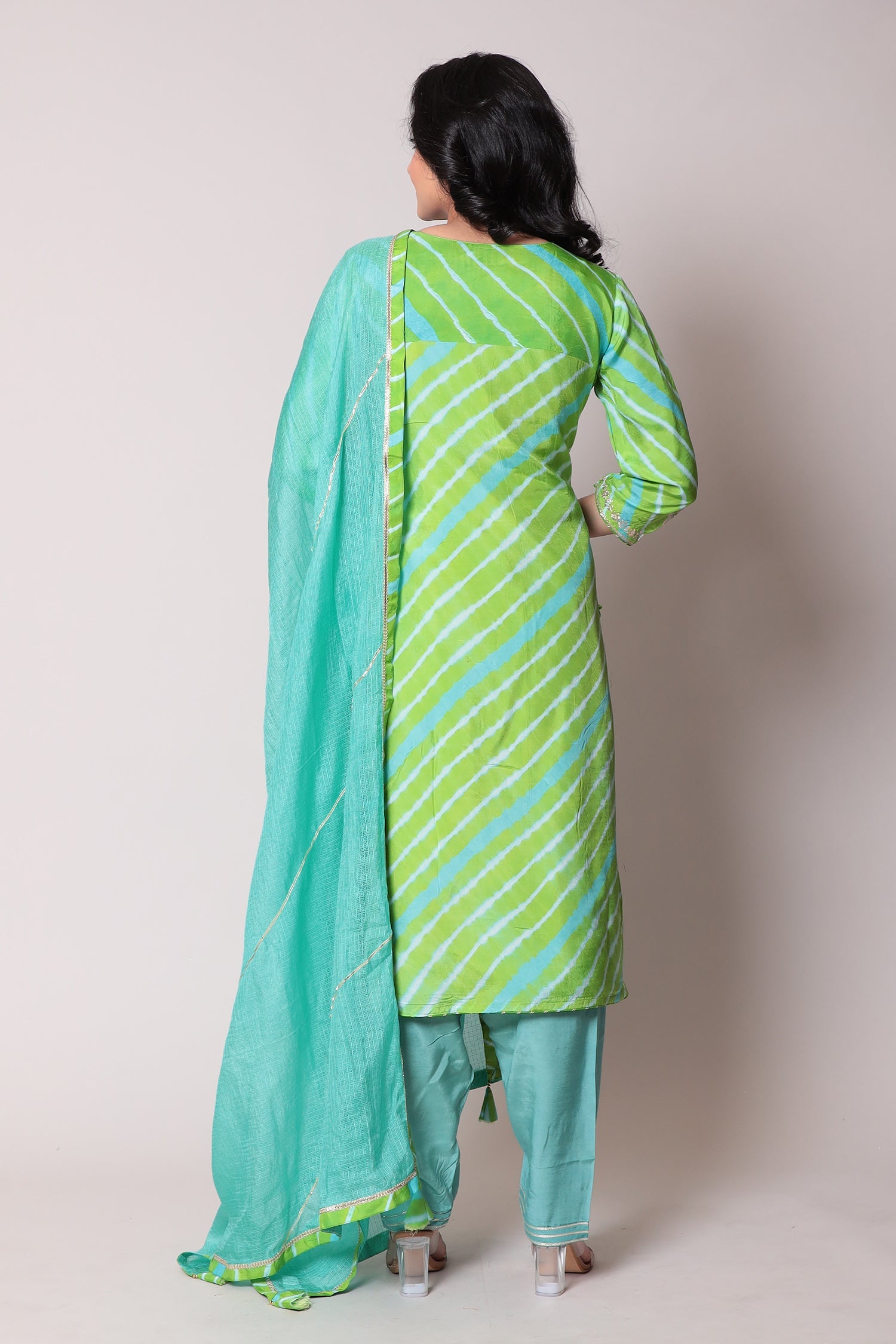 Leheriya Straight Silk Suit with Pittan work.