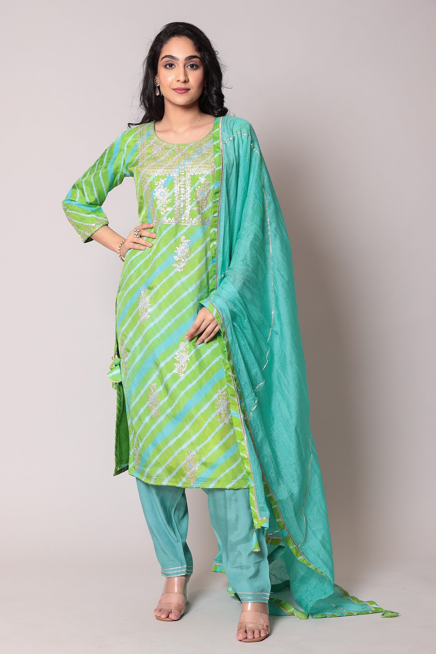 Leheriya Straight Silk Suit with Pittan work.