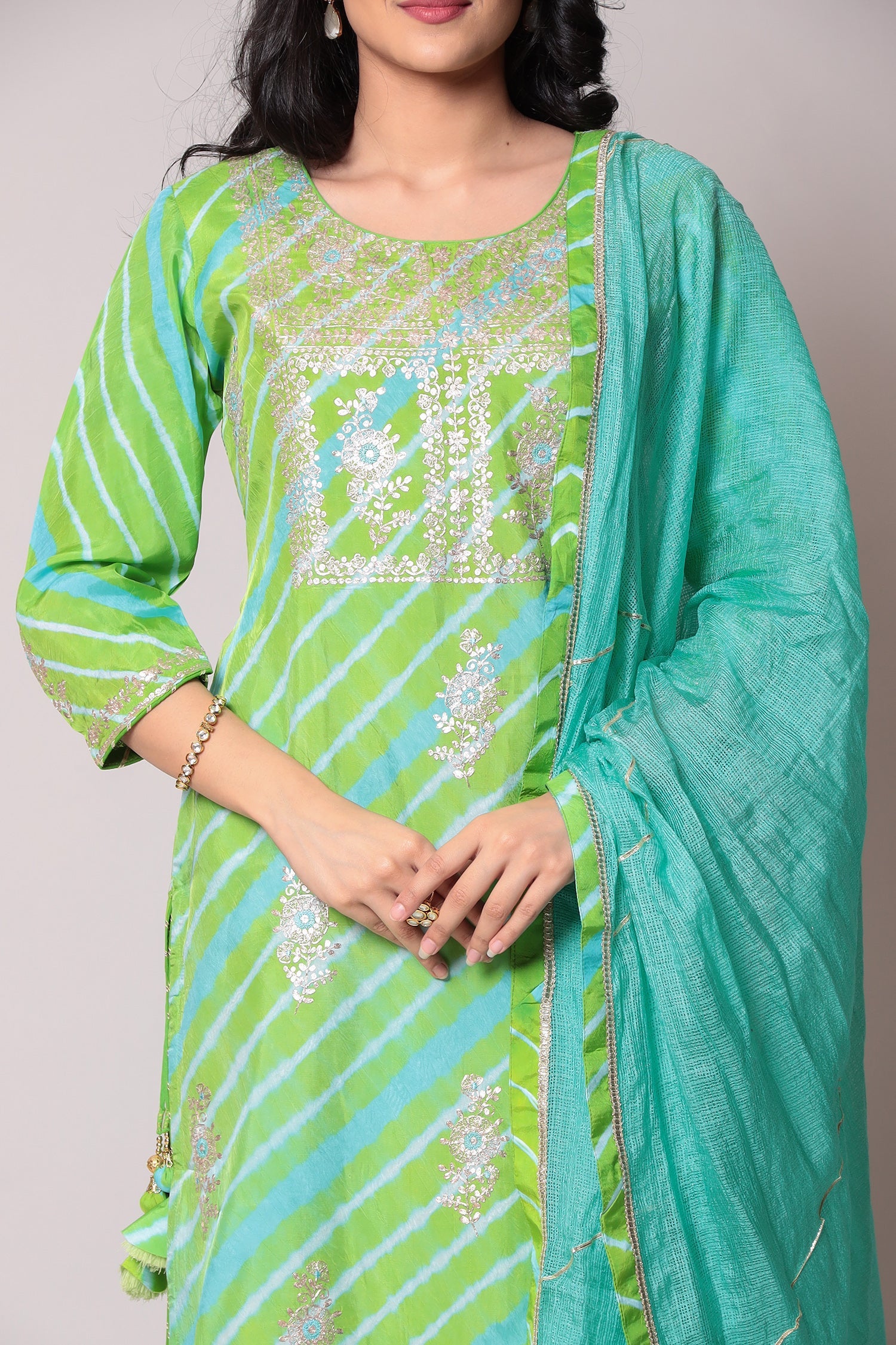 Leheriya Straight Silk Suit with Pittan work.