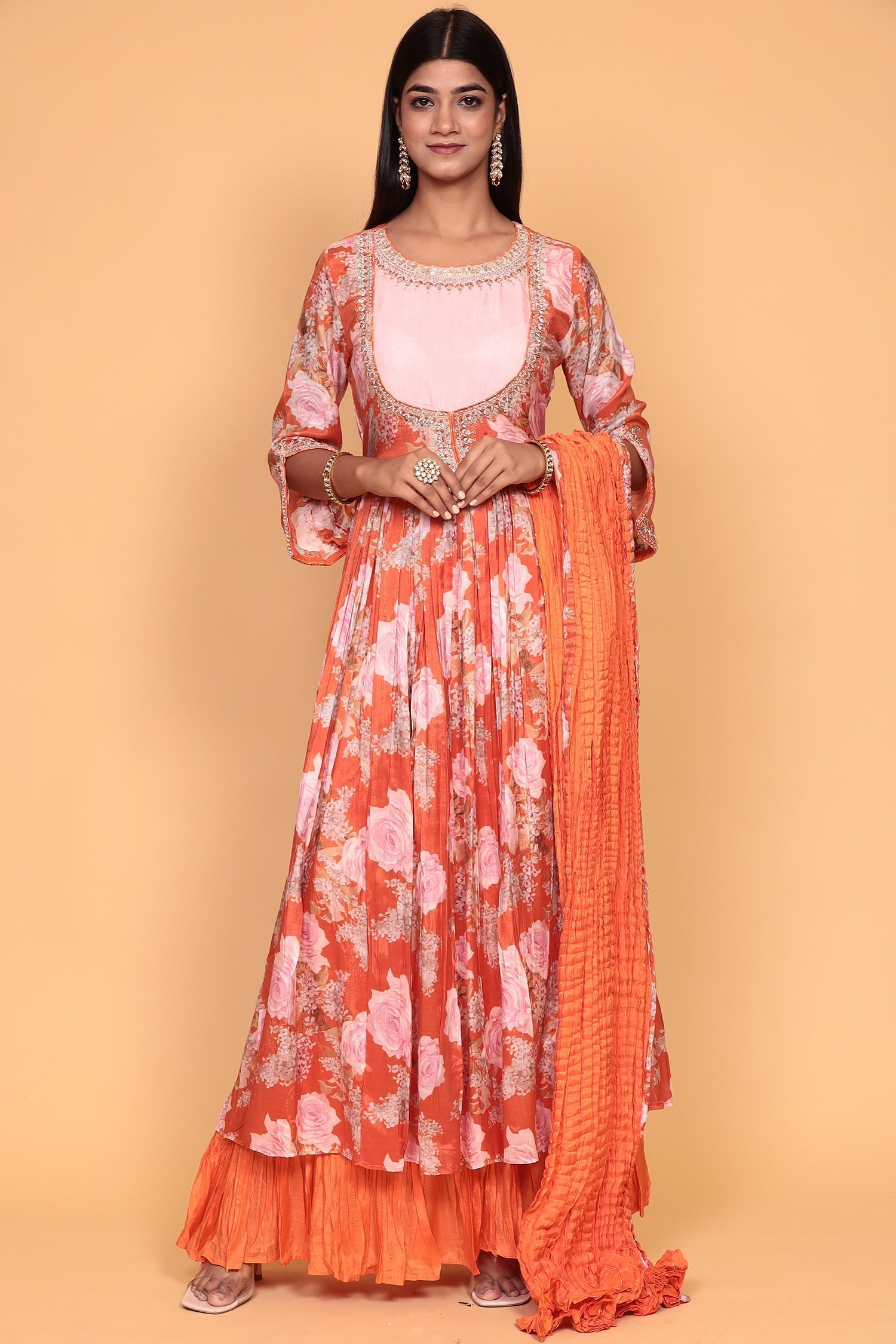 Printed Flared Anarkali Cotton silk Suit with Thread work.