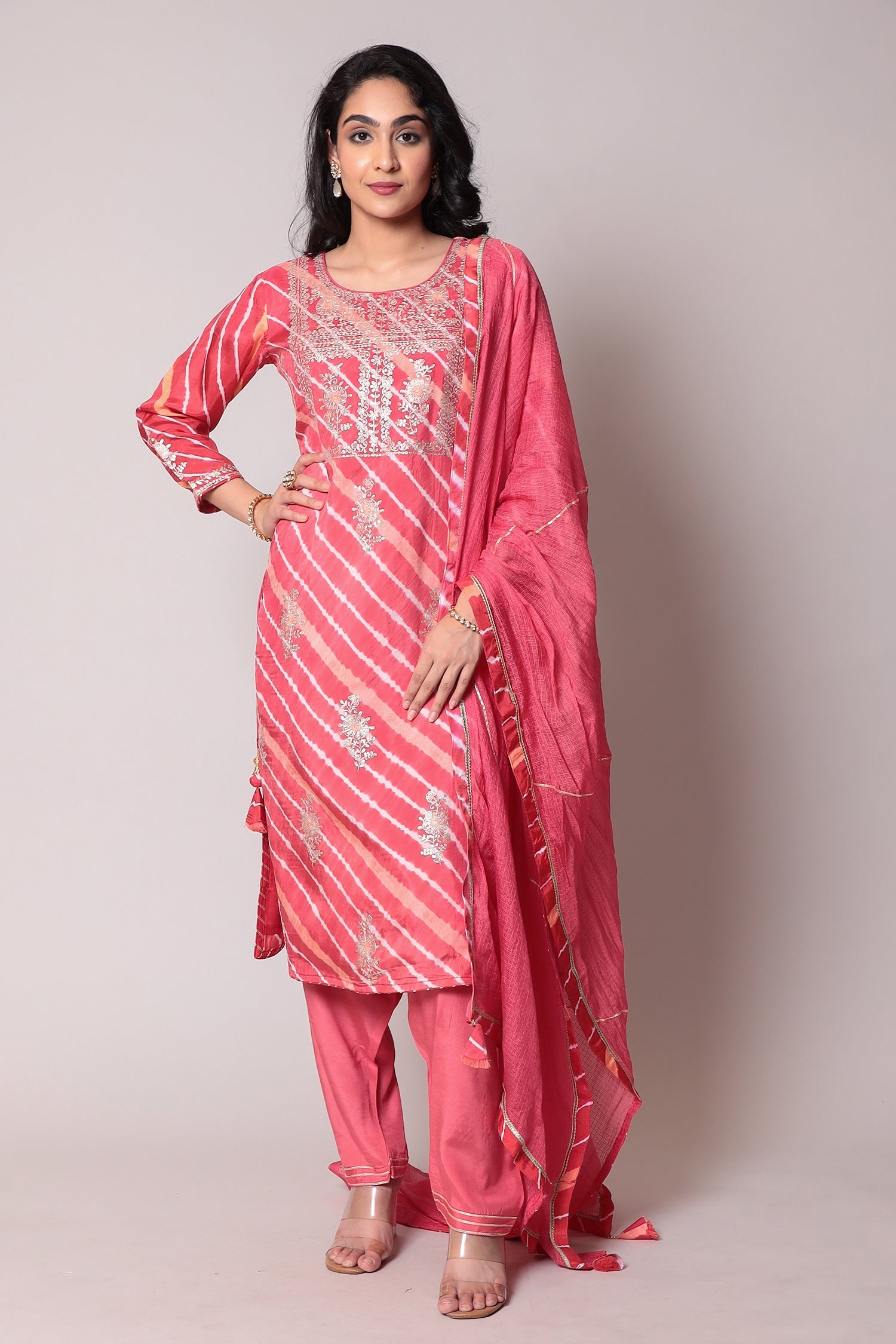Leheriya Straight Silk Suit with Pittan work.