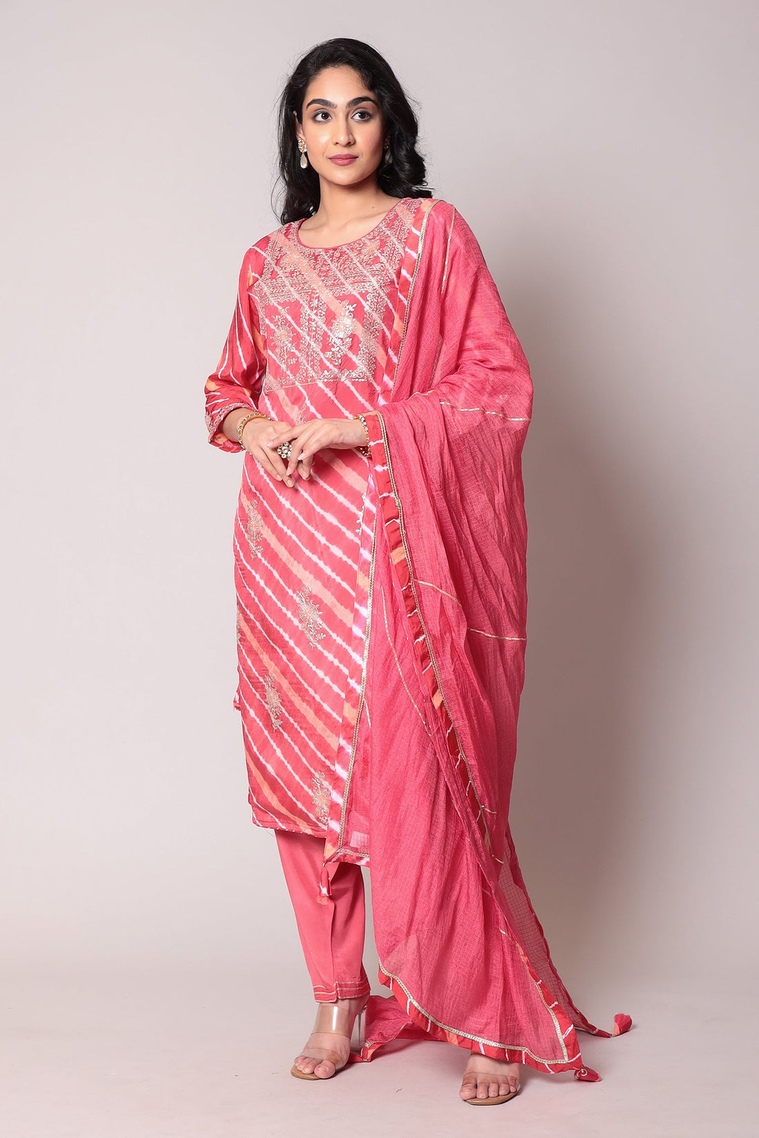 Leheriya Straight Silk Suit with Pittan work.