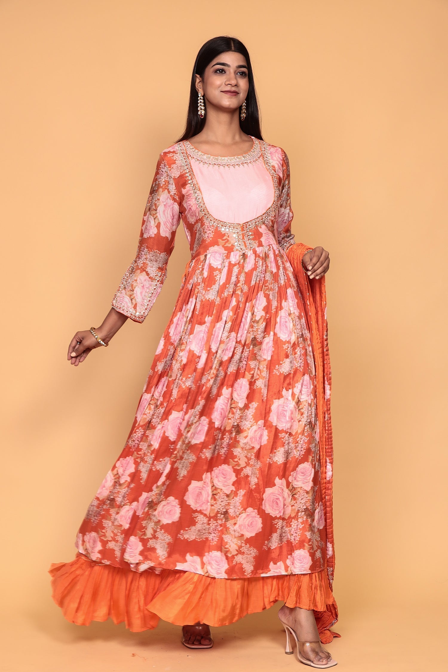 Printed Flared Anarkali Cotton silk Suit with Thread work.