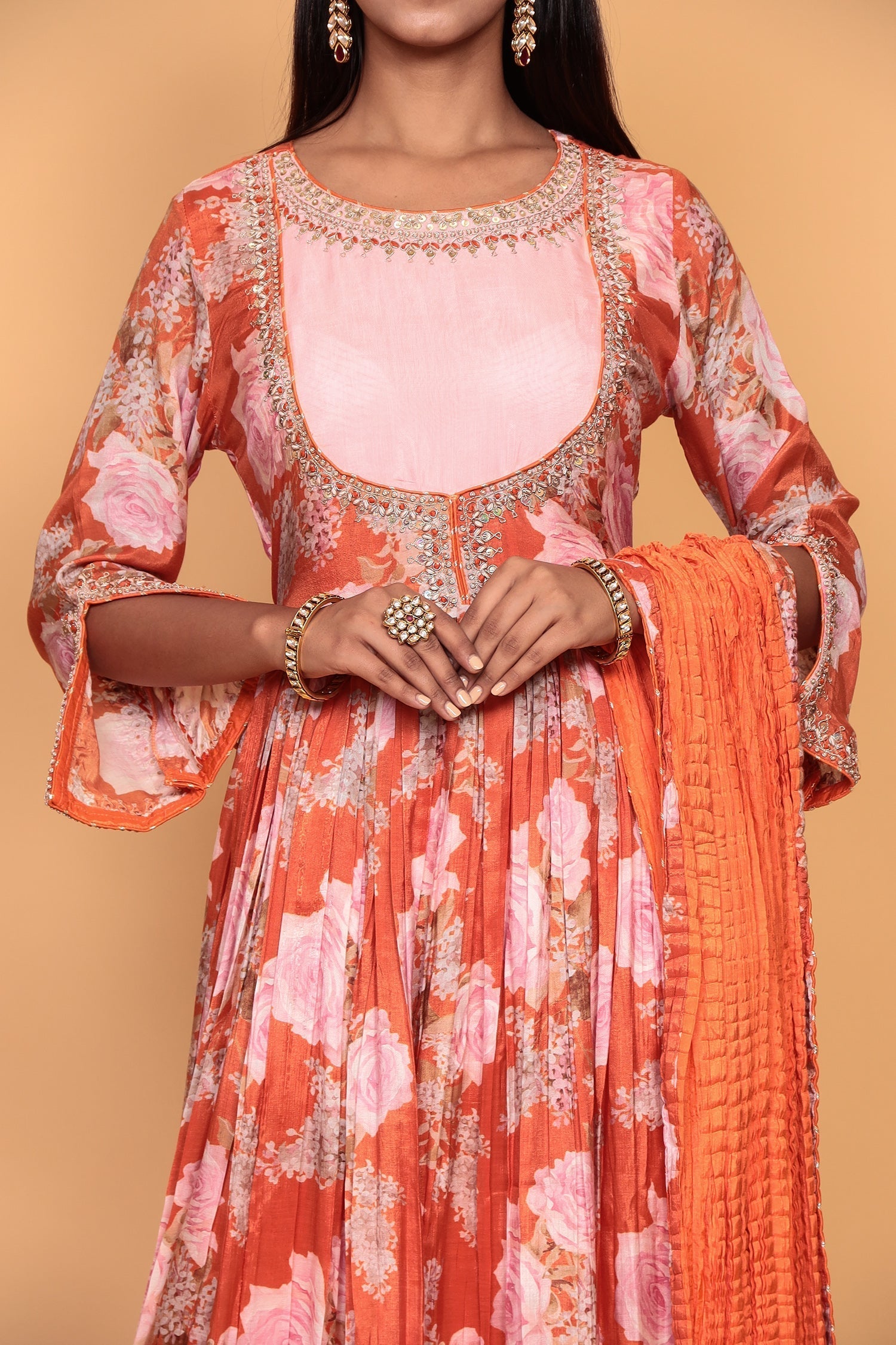 Printed Flared Anarkali Cotton silk Suit with Thread work.