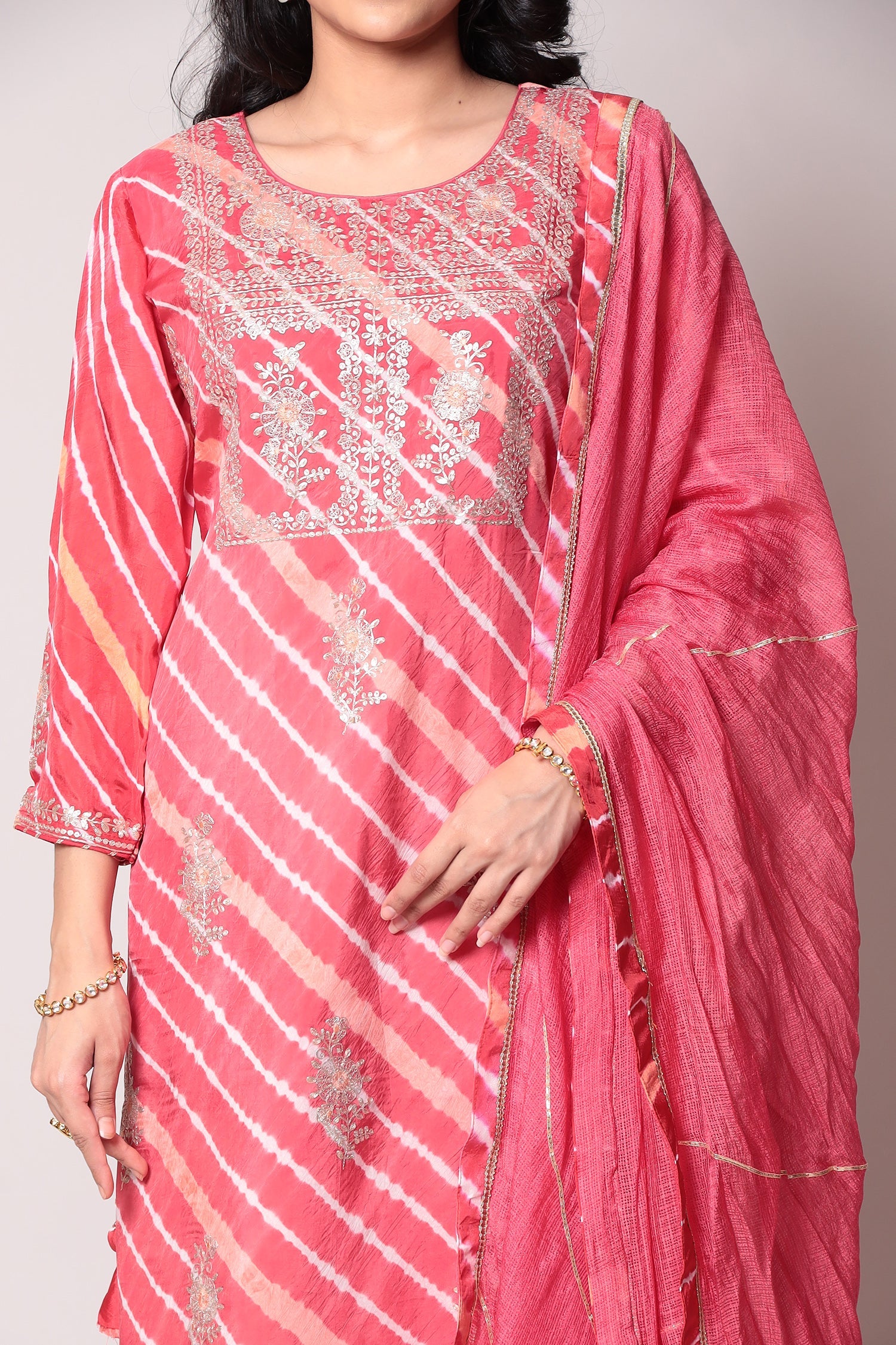 Leheriya Straight Silk Suit with Pittan work.