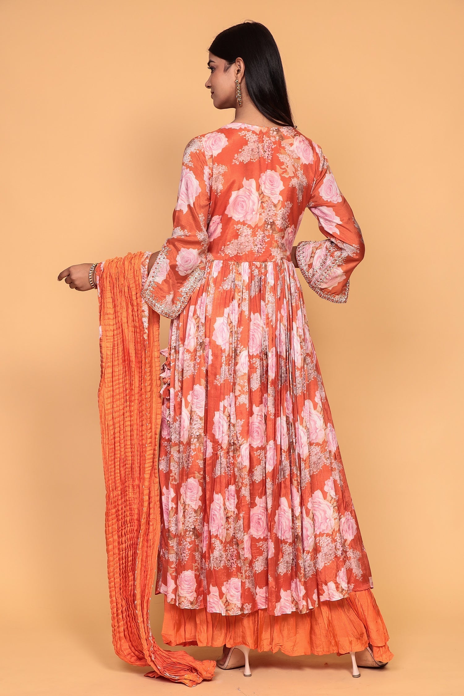 Printed Flared Anarkali Cotton silk Suit with Thread work.