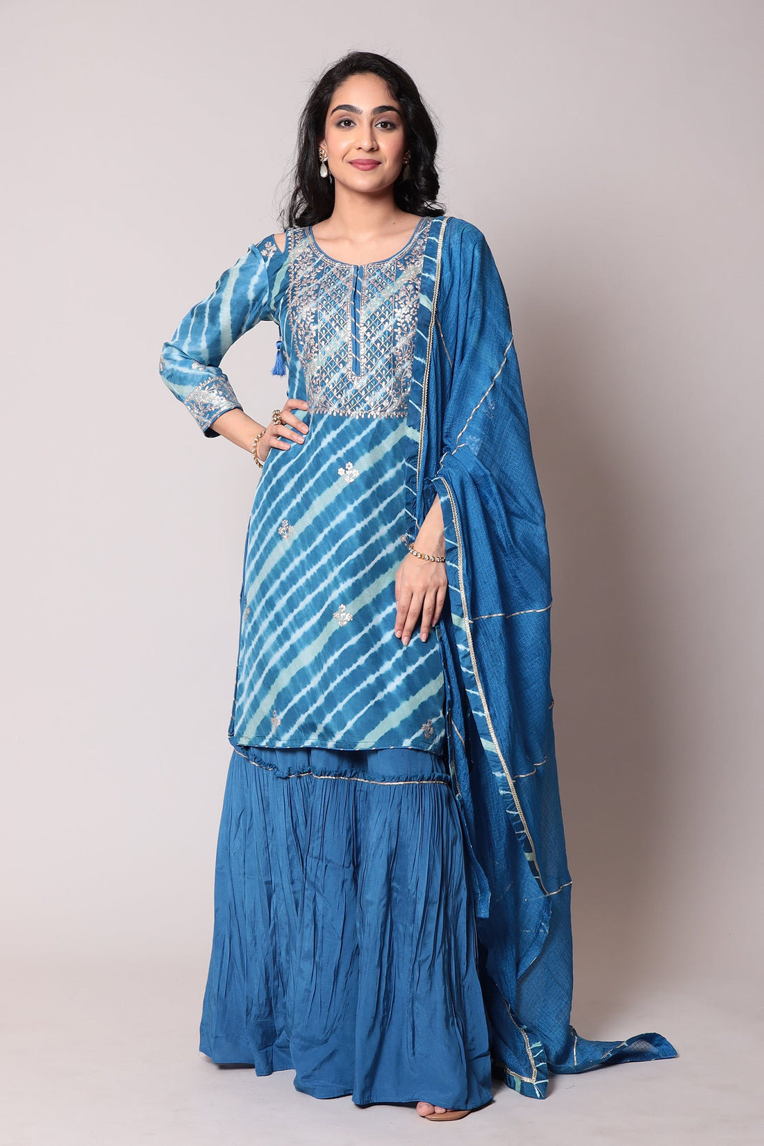 Straight Leheriya Silk Suit with Pittan Work