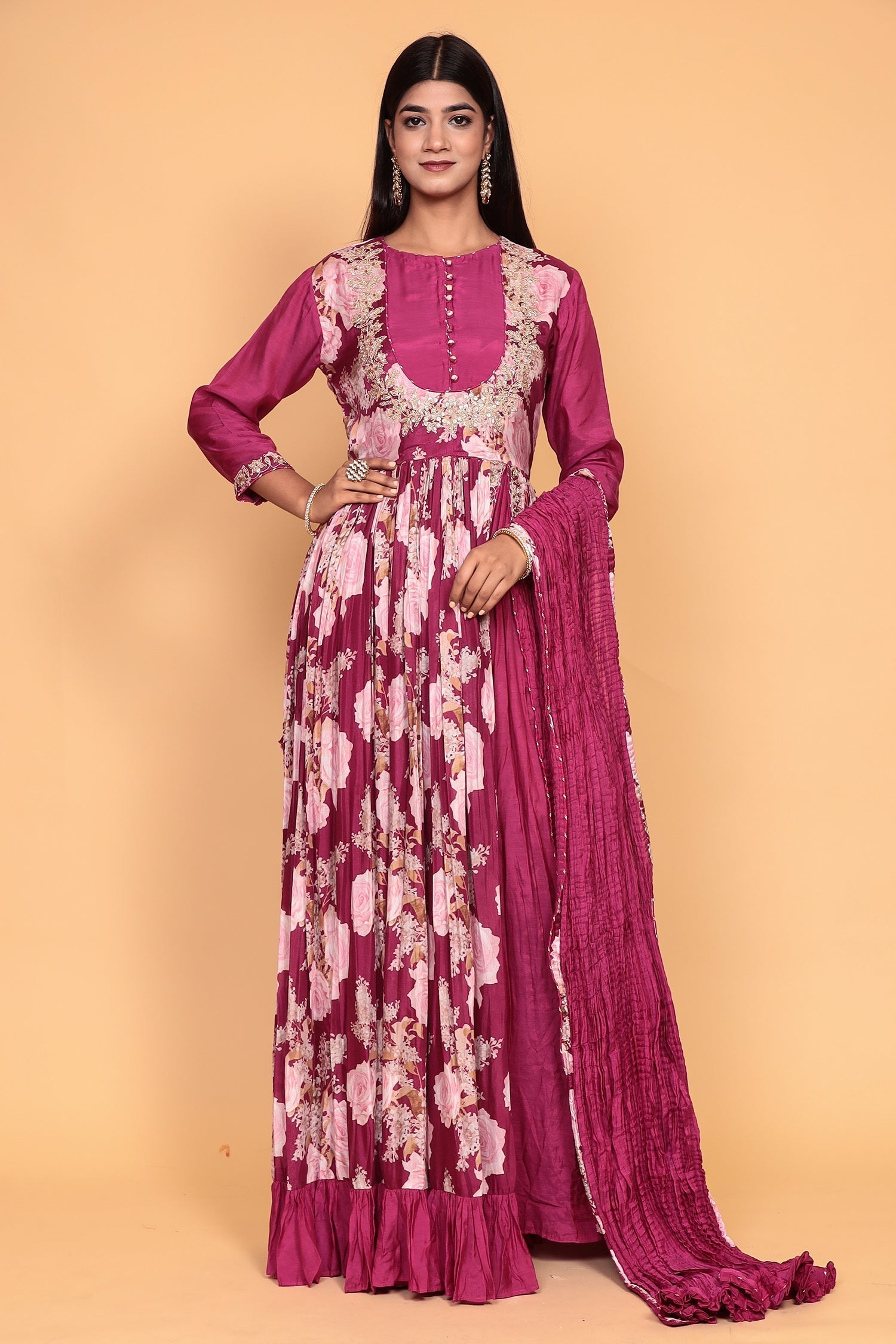 Printed Flared Anarkali Cotton silk Suit with Thread work.