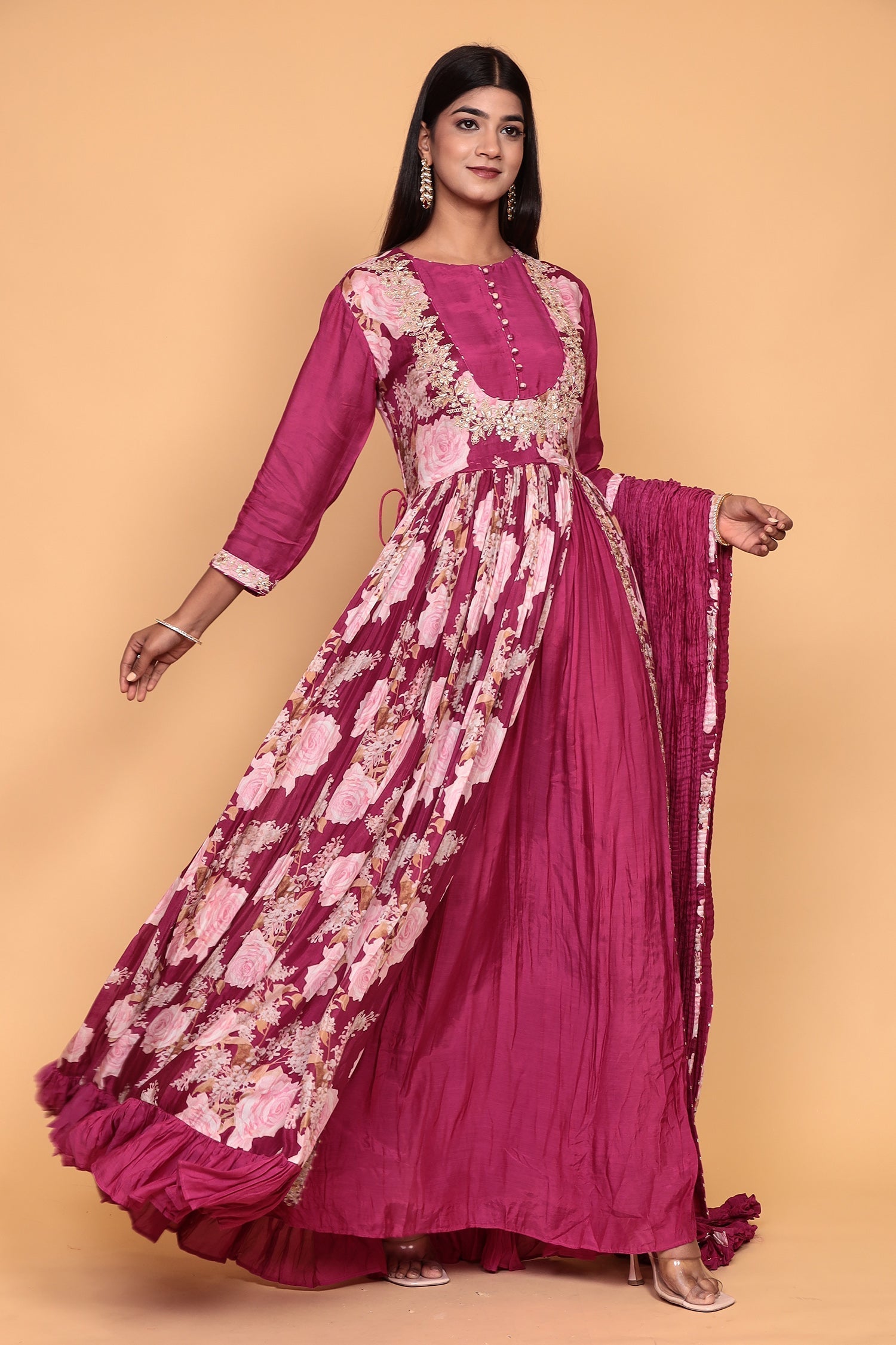 Printed Flared Anarkali Cotton silk Suit with Thread work.