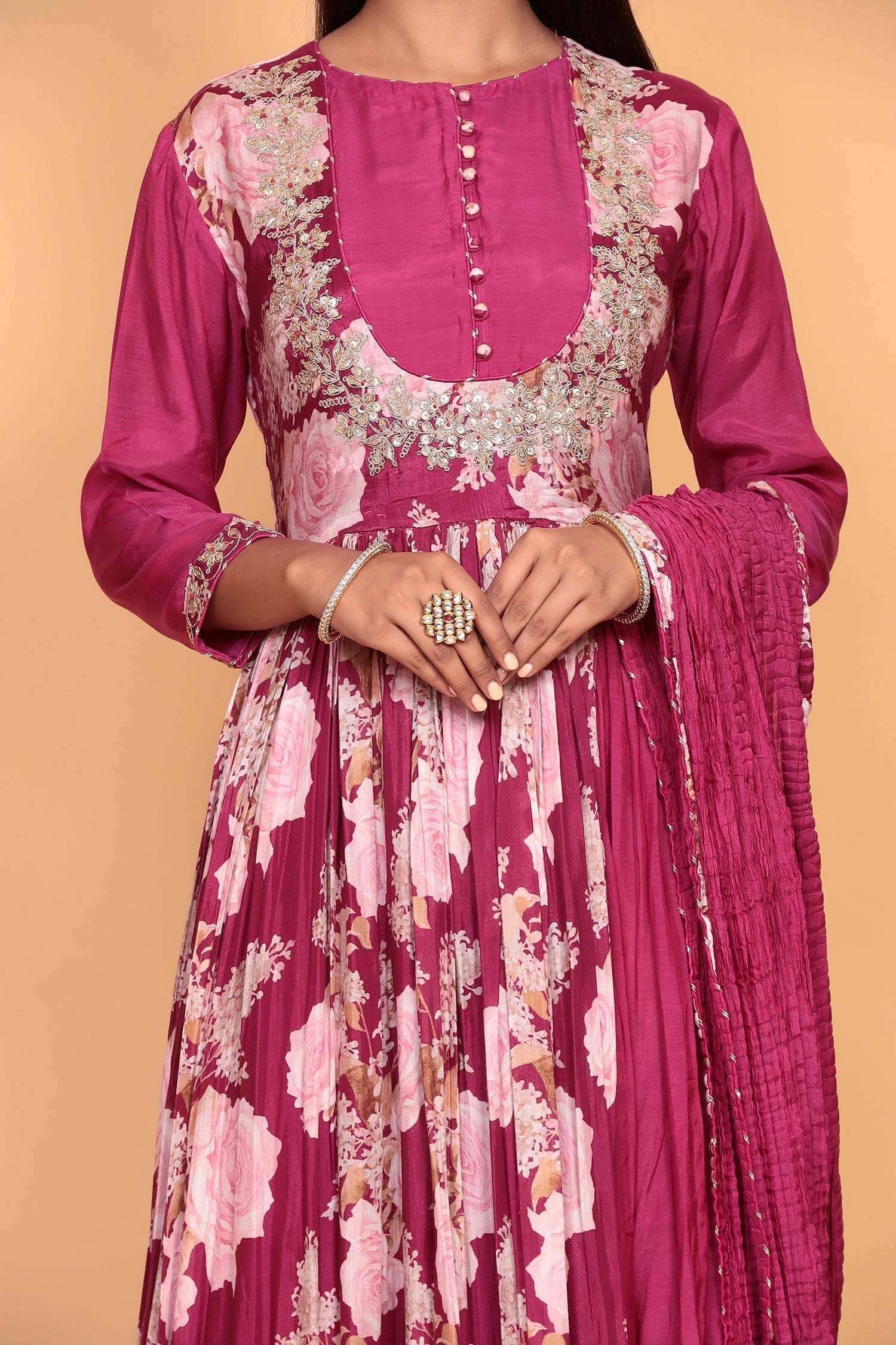 Printed Flared Anarkali Cotton silk Suit with Thread work.