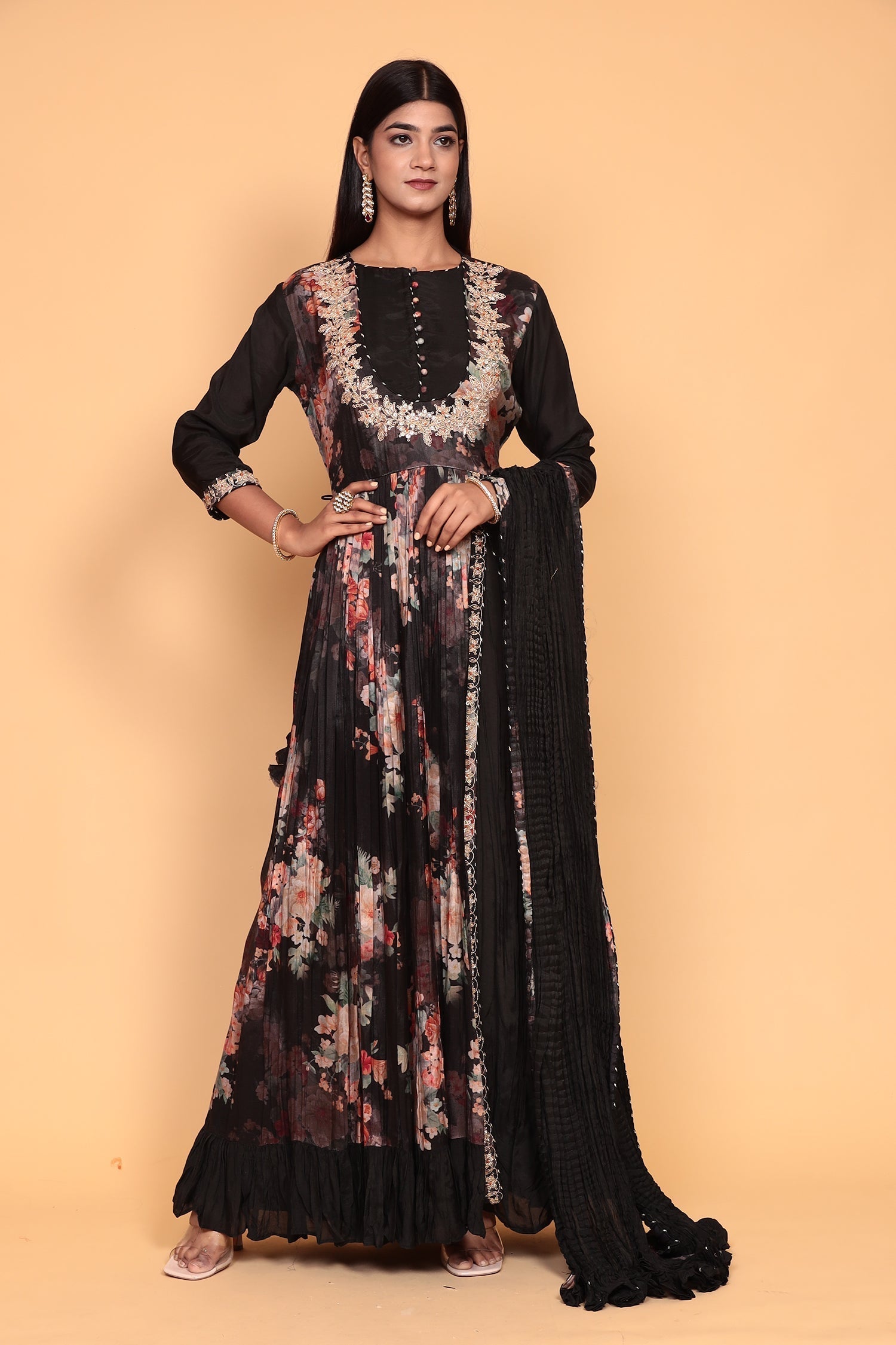 Printed Flared Anarkali Cotton Silk Suit with Zardozi work.