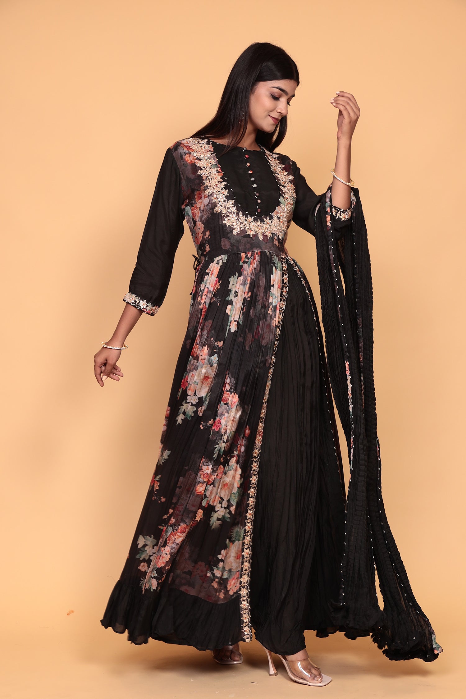 Printed Flared Anarkali Cotton Silk Suit with Zardozi work.