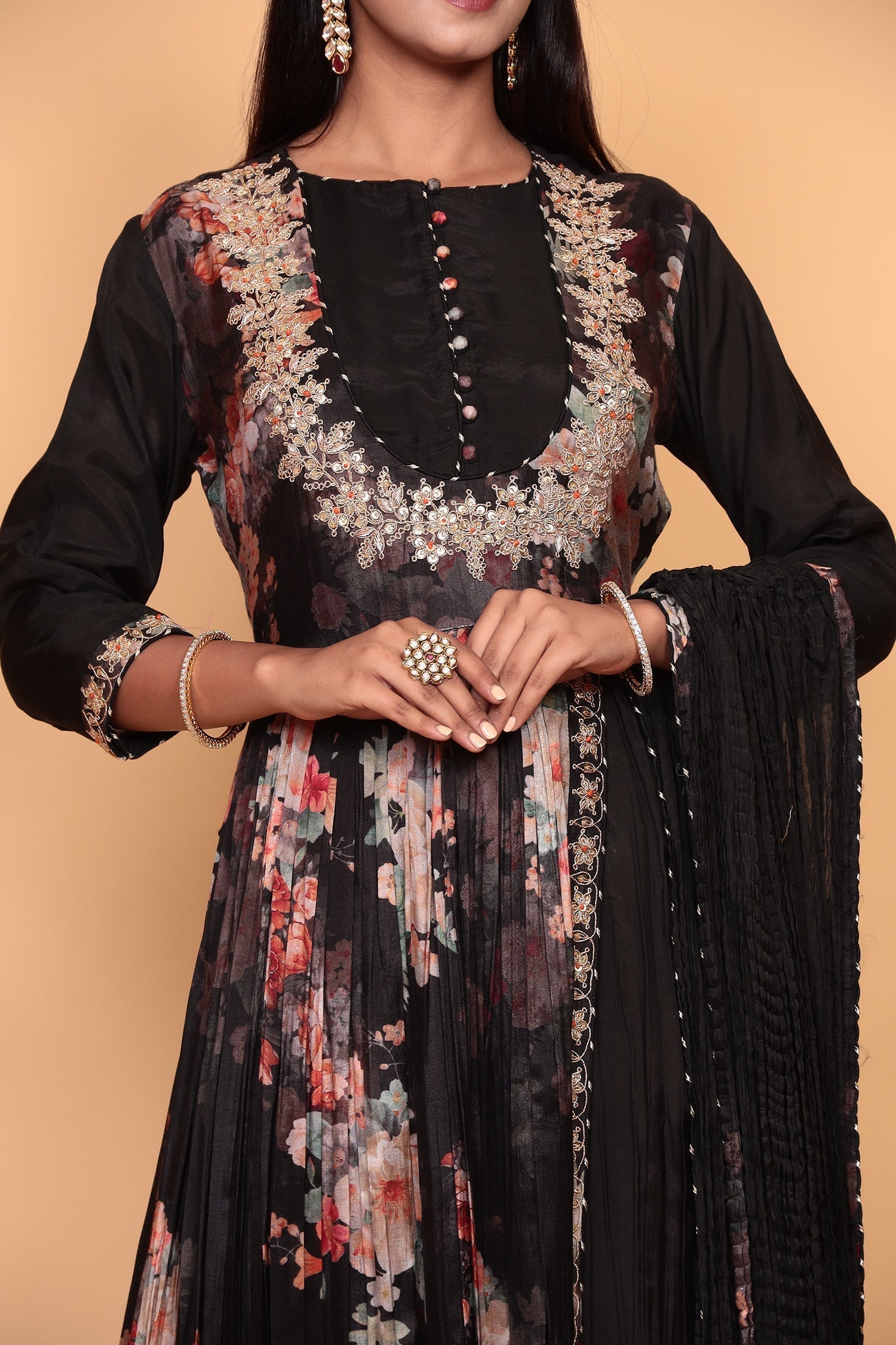 Printed Flared Anarkali Cotton Silk Suit with Zardozi work.