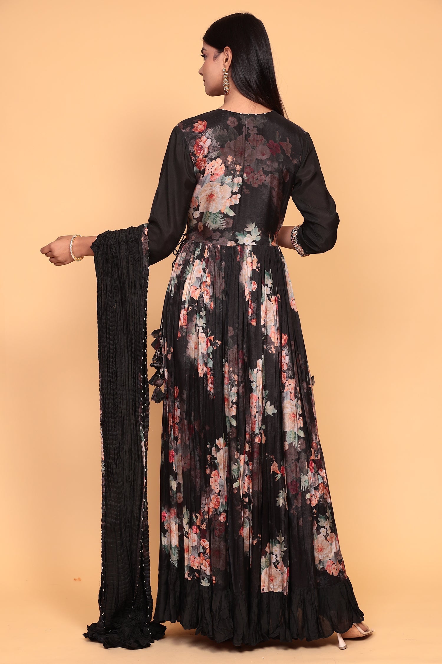 Printed Flared Anarkali Cotton Silk Suit with Zardozi work.