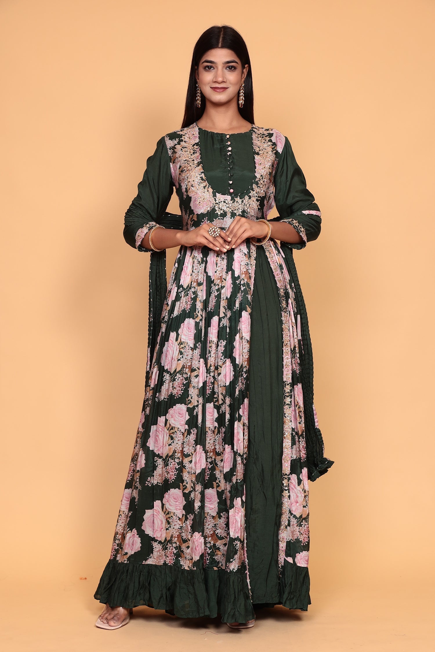 Printed Flared Anarkali Cotton Silk Suit with Zardozi work.