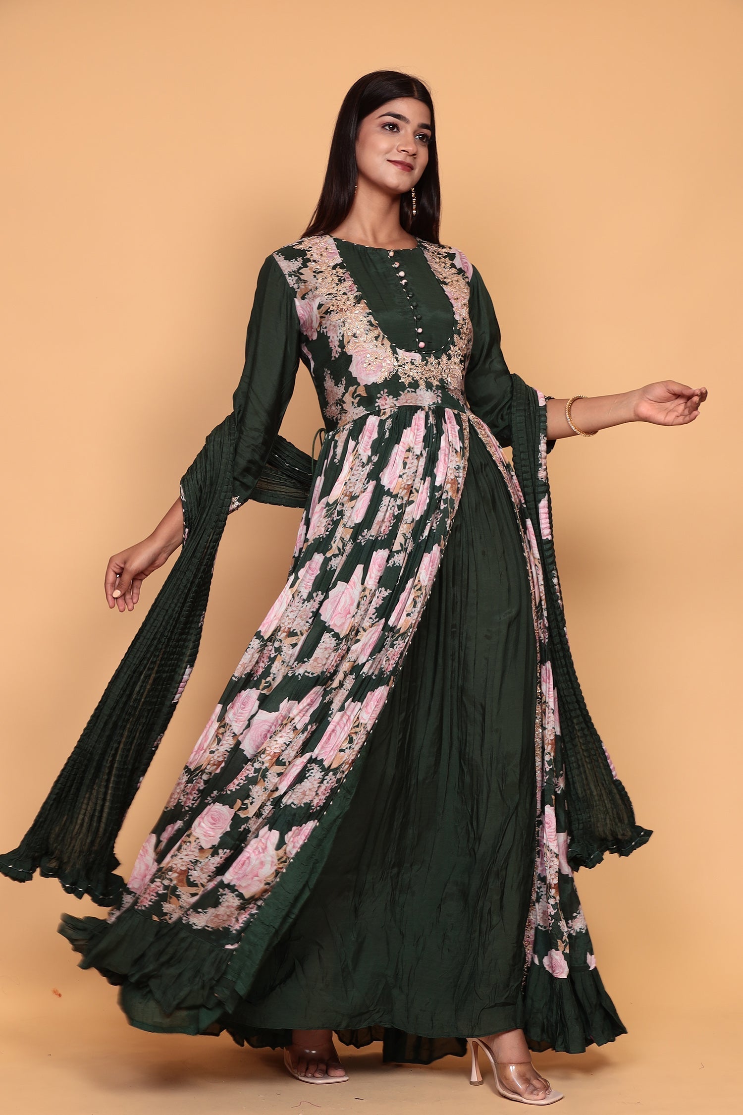 Printed Flared Anarkali Cotton Silk Suit with Zardozi work.